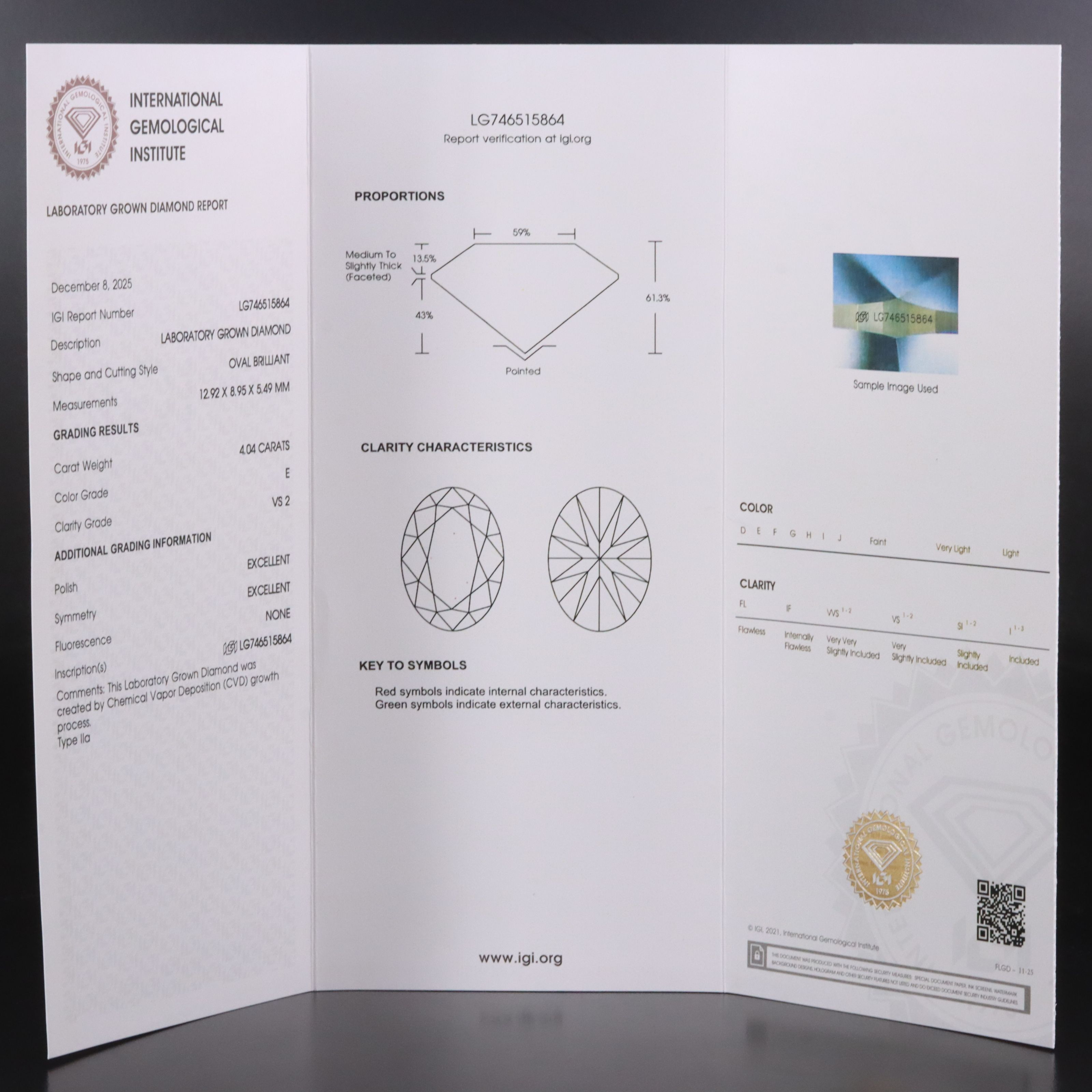 14K 4.04 CT Lab Grown Diamond Solitaire Pendant with IGI Report