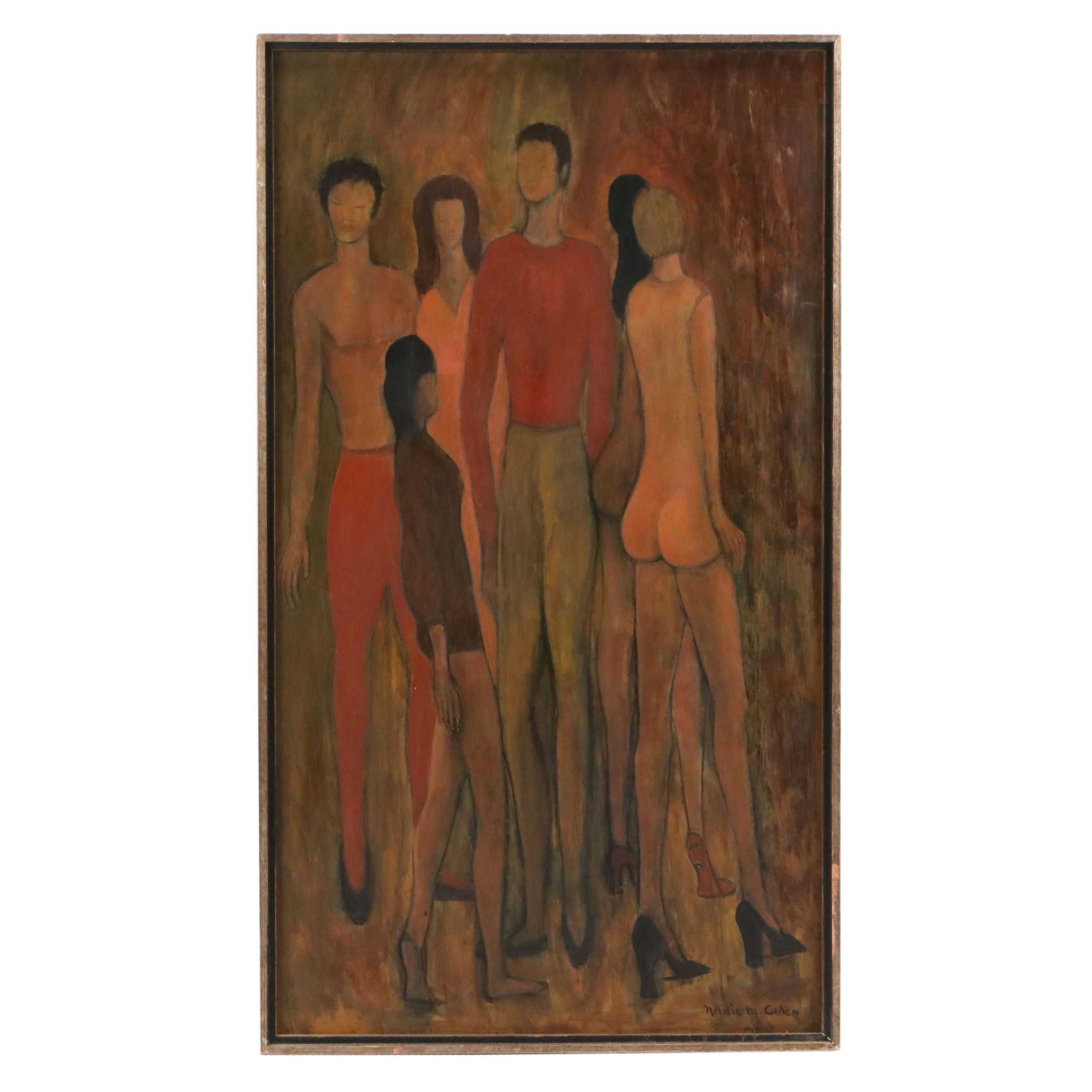 Natalie M. Cohen Modernist Figurative Oil Painting "Love-In," Mid-20th C.