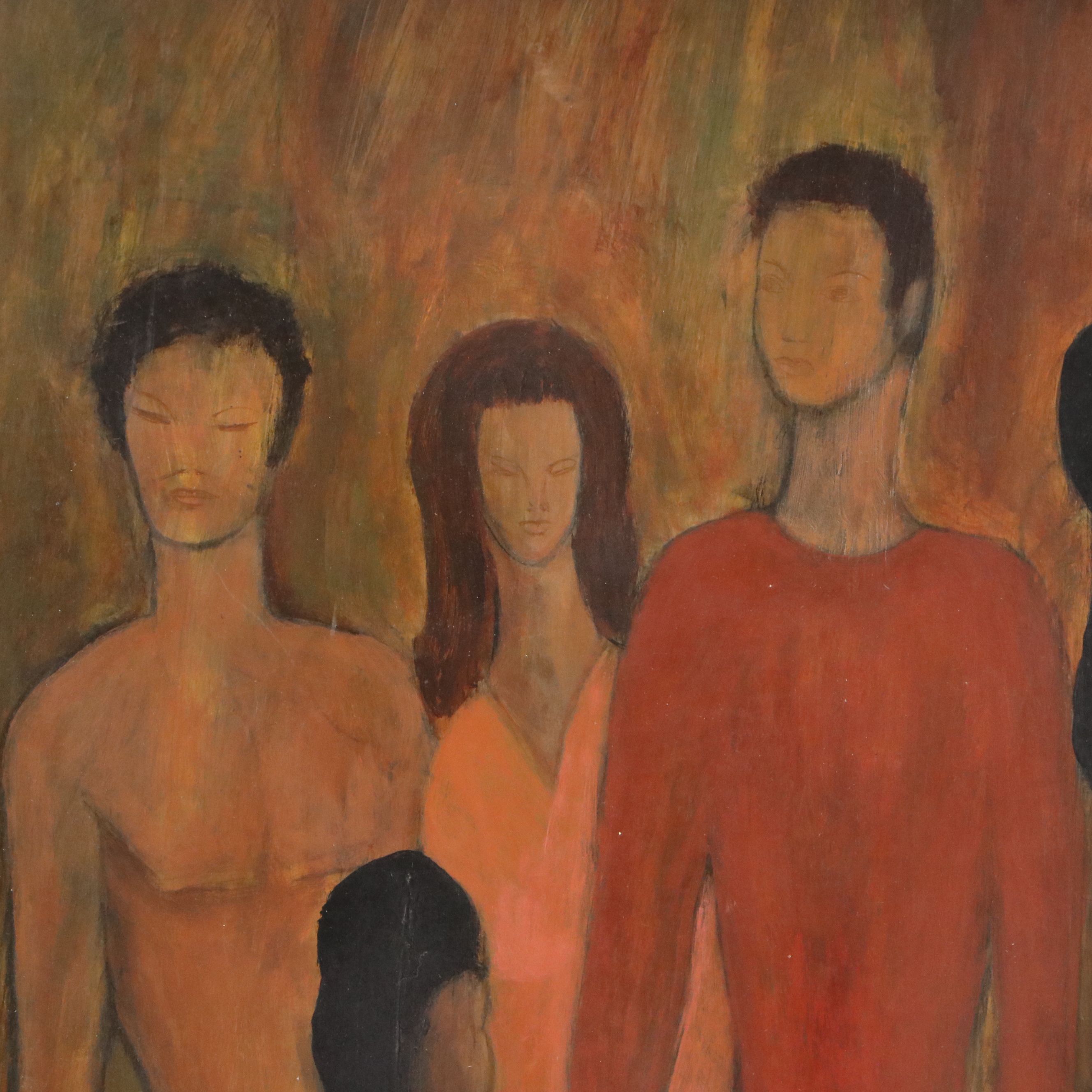Natalie M. Cohen Modernist Figurative Oil Painting "Love-In," Mid-20th C.