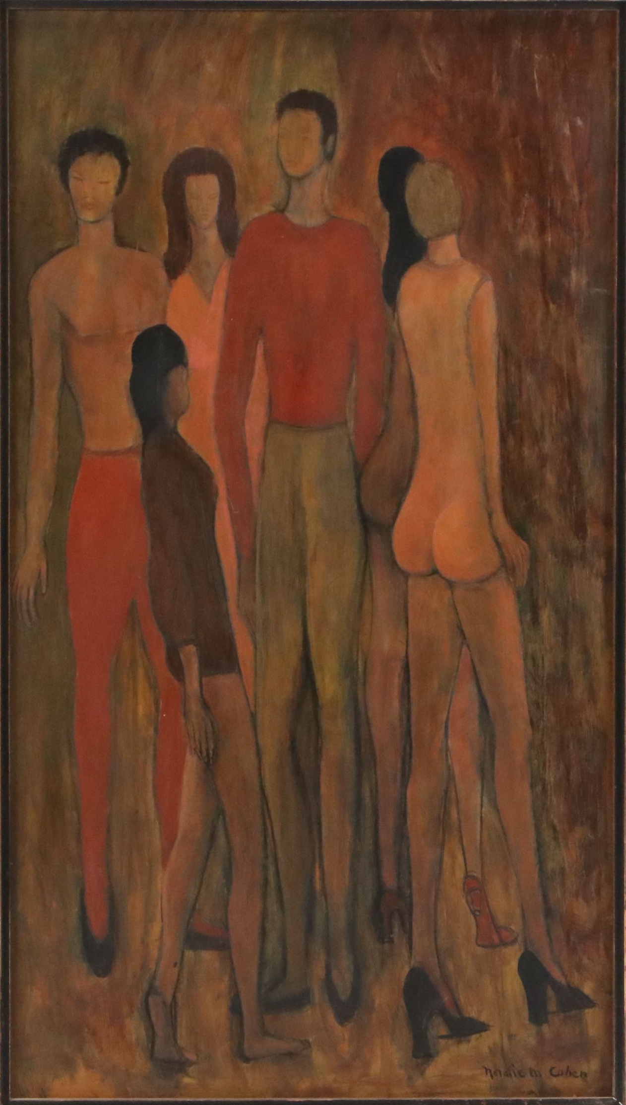 Natalie M. Cohen Modernist Figurative Oil Painting "Love-In," Mid-20th C.