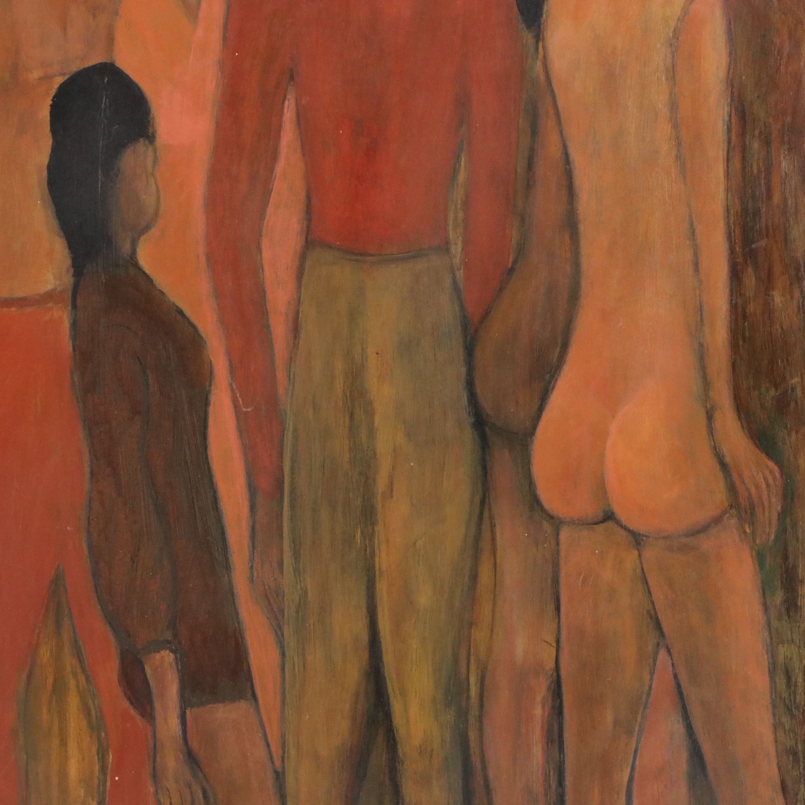 Natalie M. Cohen Modernist Figurative Oil Painting "Love-In," Mid-20th C.