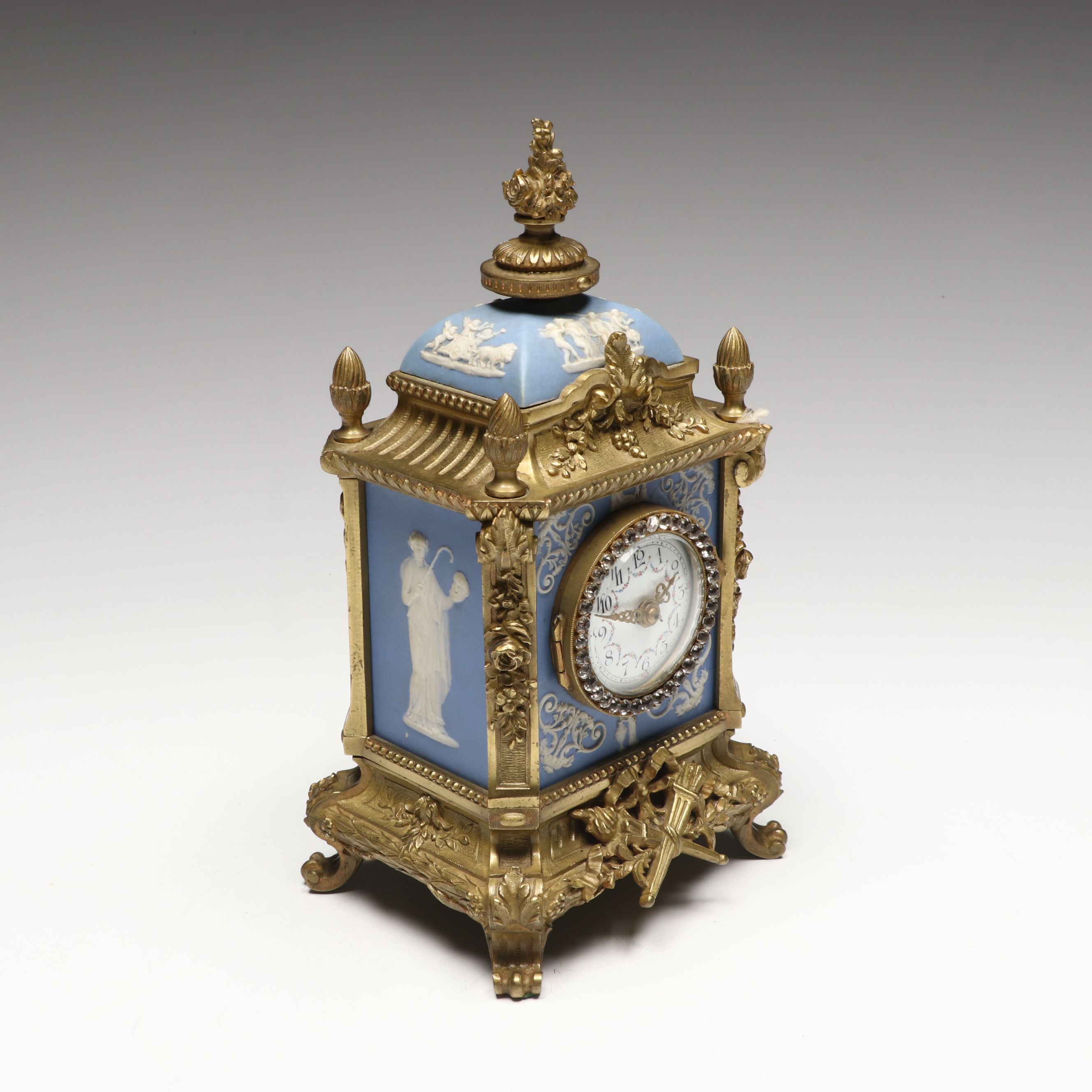 French Ormolu Style Footed Mantel Clock with Jasperware Panels