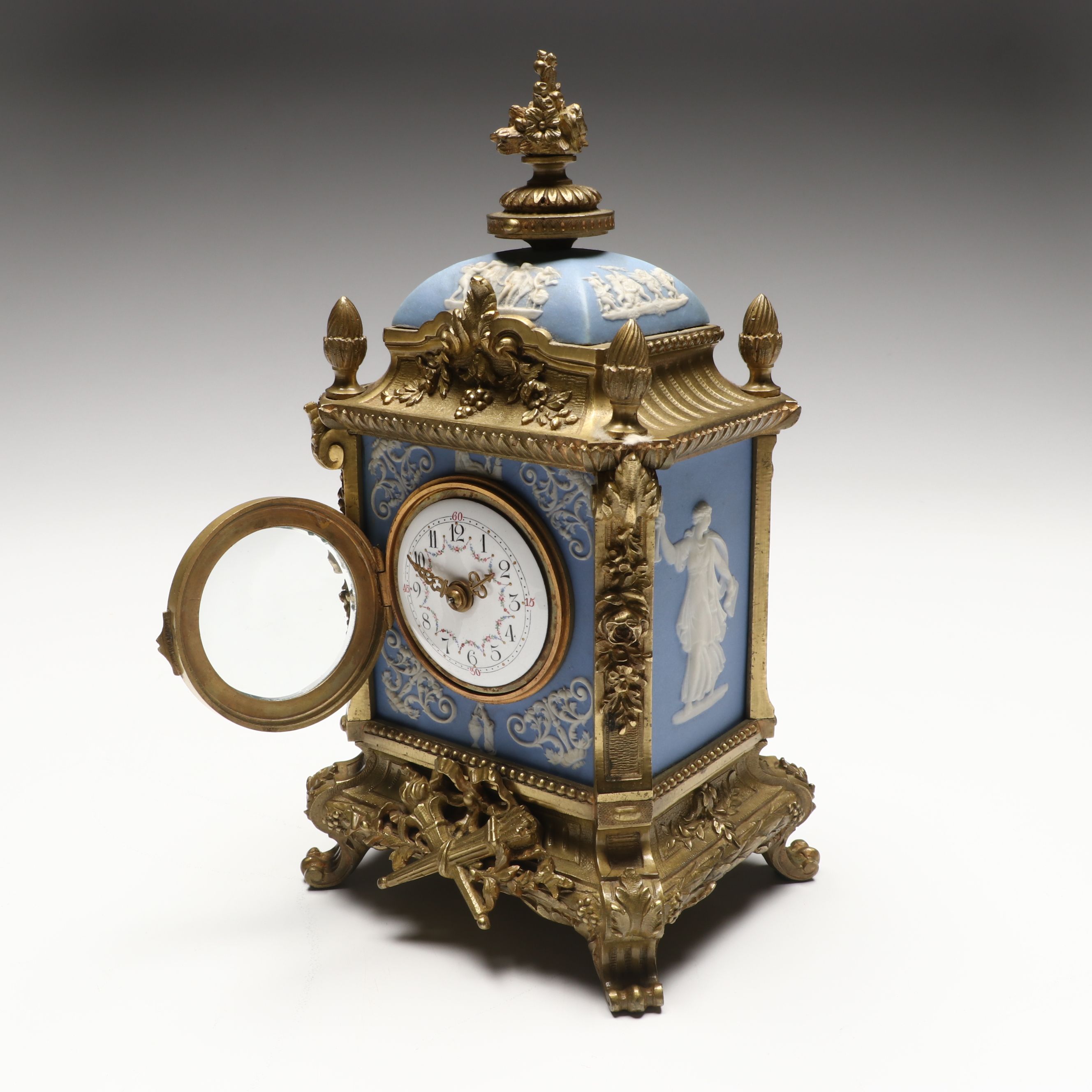 French Ormolu Style Footed Mantel Clock with Jasperware Panels