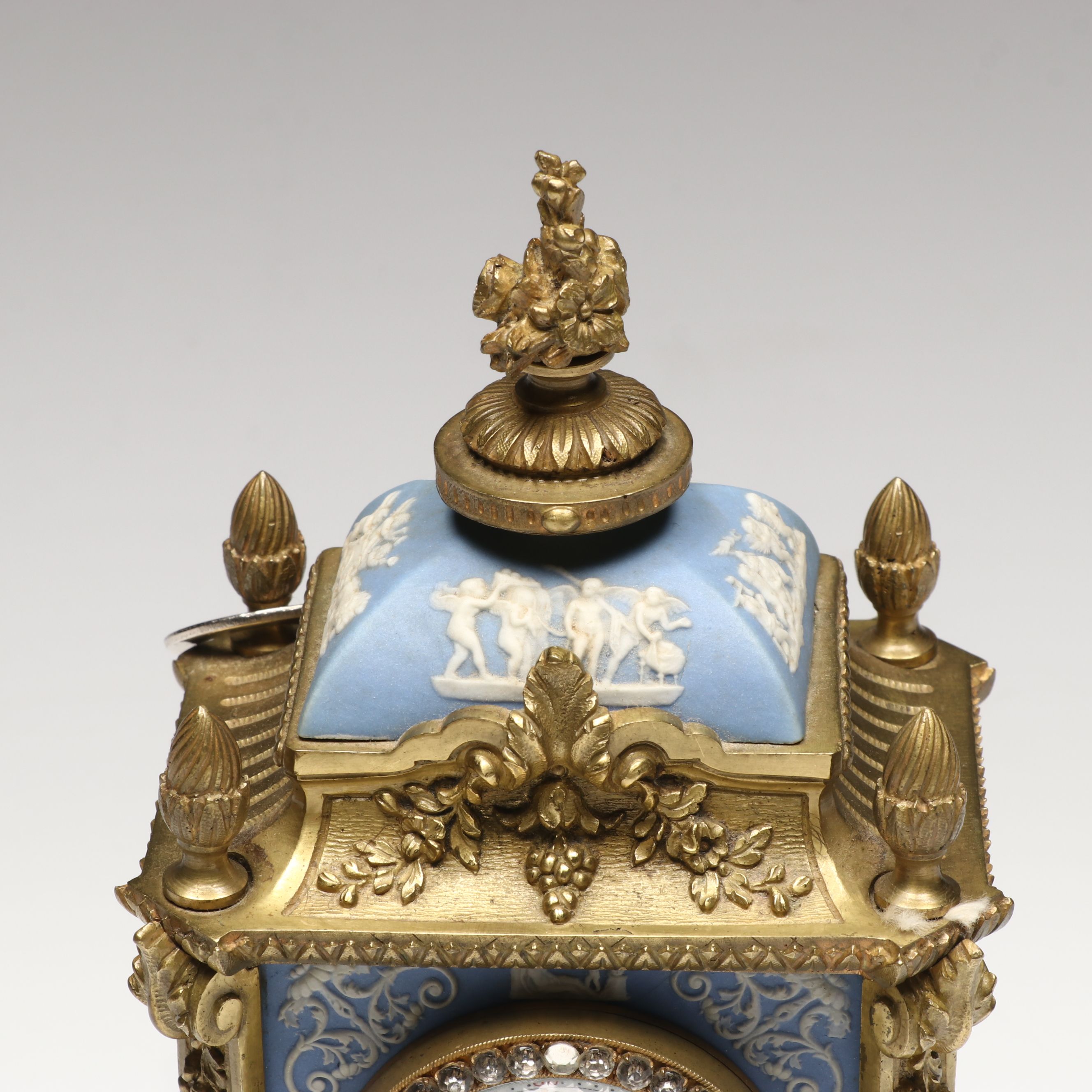 French Ormolu Style Footed Mantel Clock with Jasperware Panels