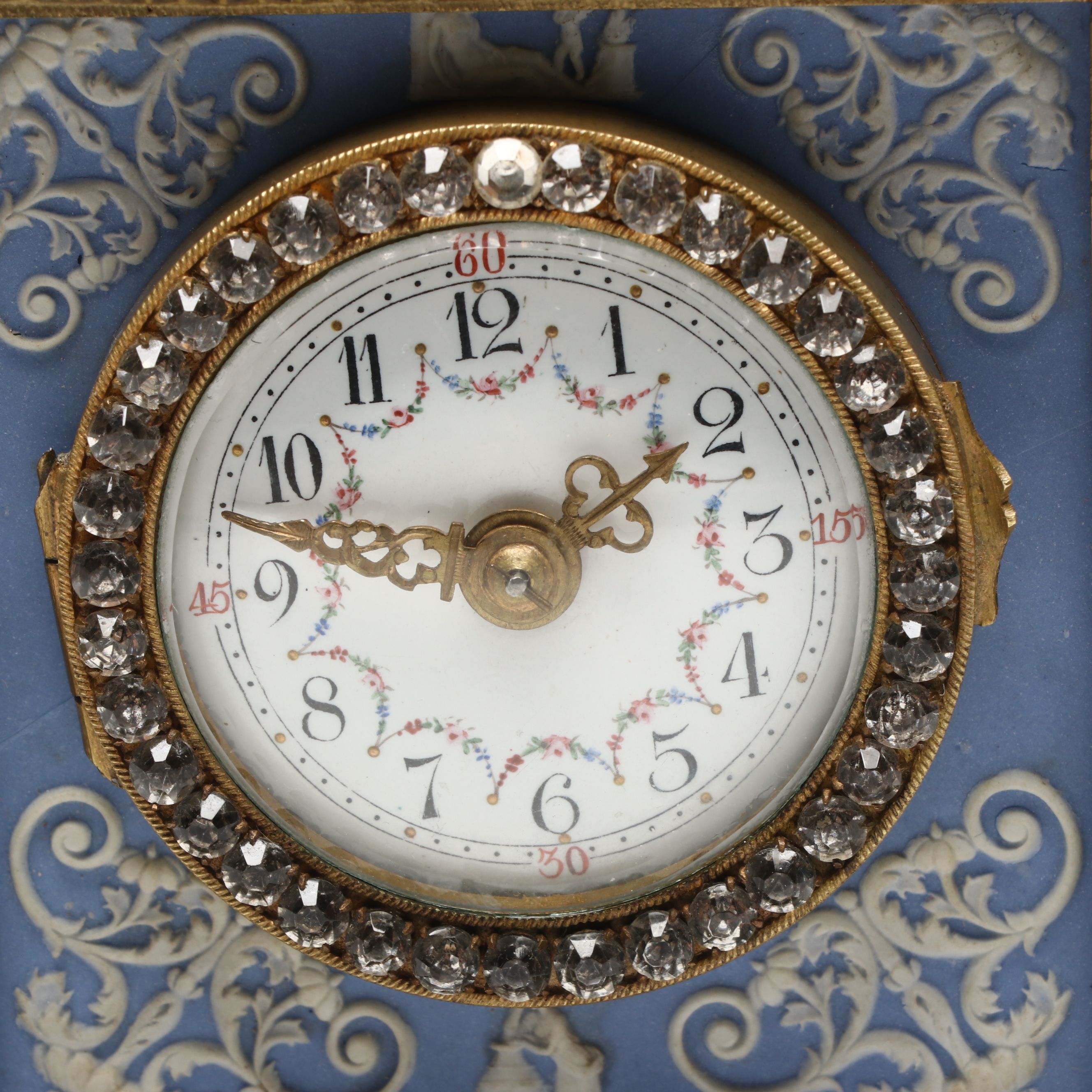 French Ormolu Style Footed Mantel Clock with Jasperware Panels