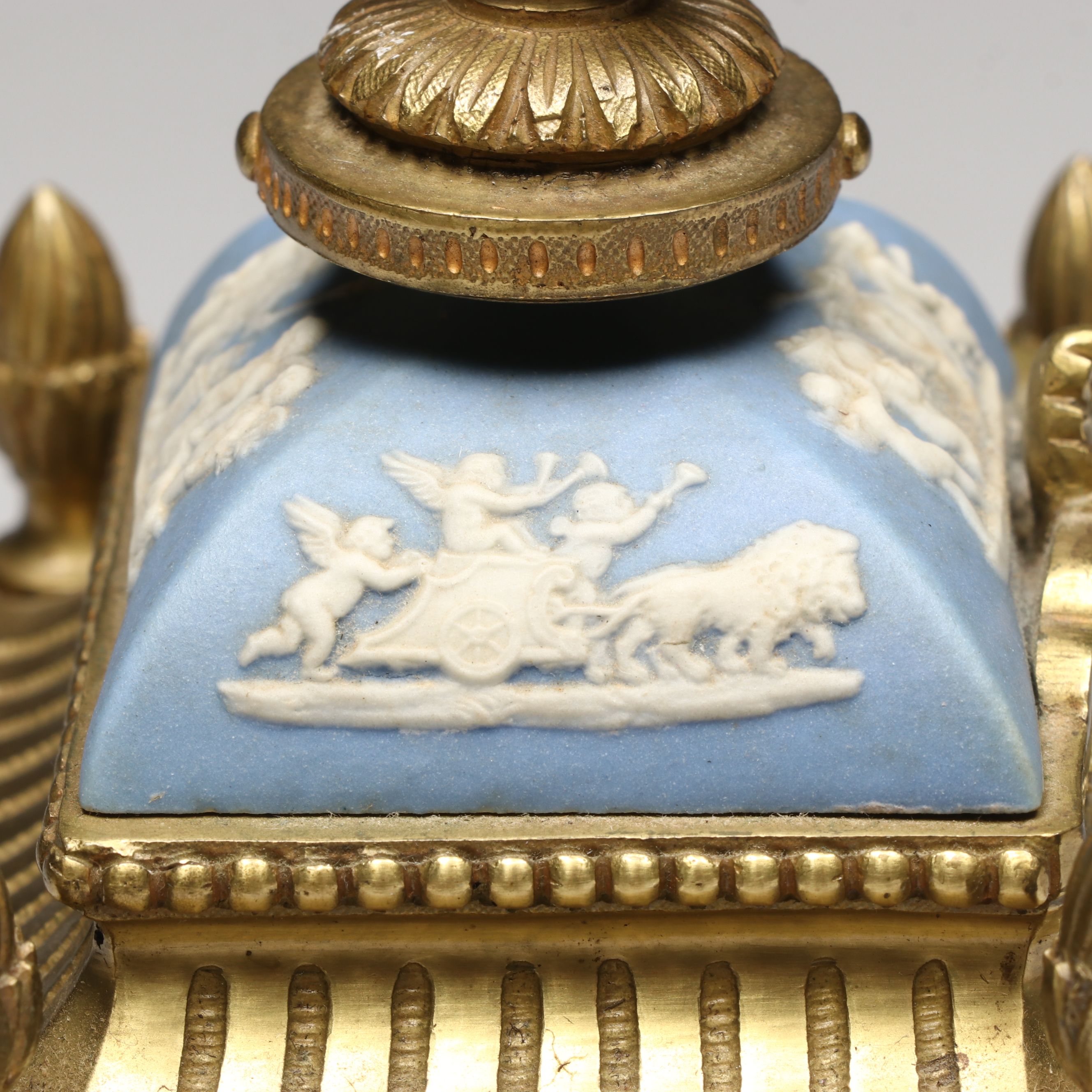 French Ormolu Style Footed Mantel Clock with Jasperware Panels