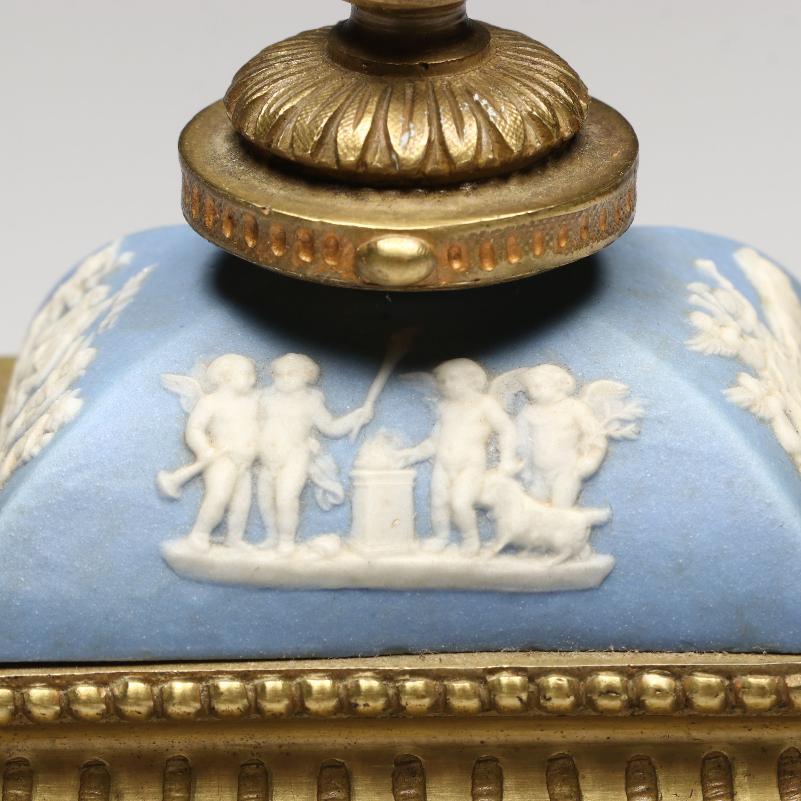 French Ormolu Style Footed Mantel Clock with Jasperware Panels