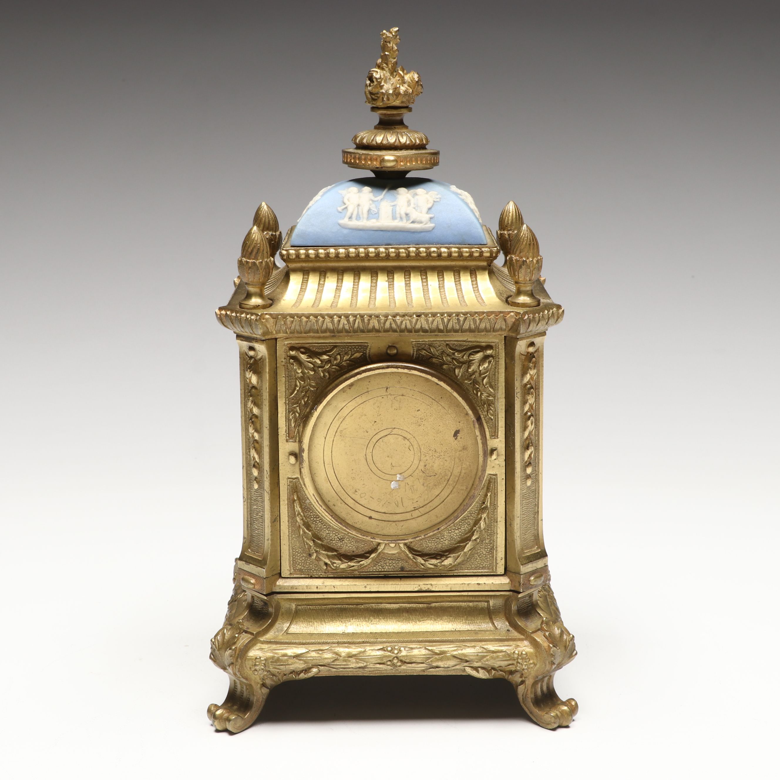 French Ormolu Style Footed Mantel Clock with Jasperware Panels