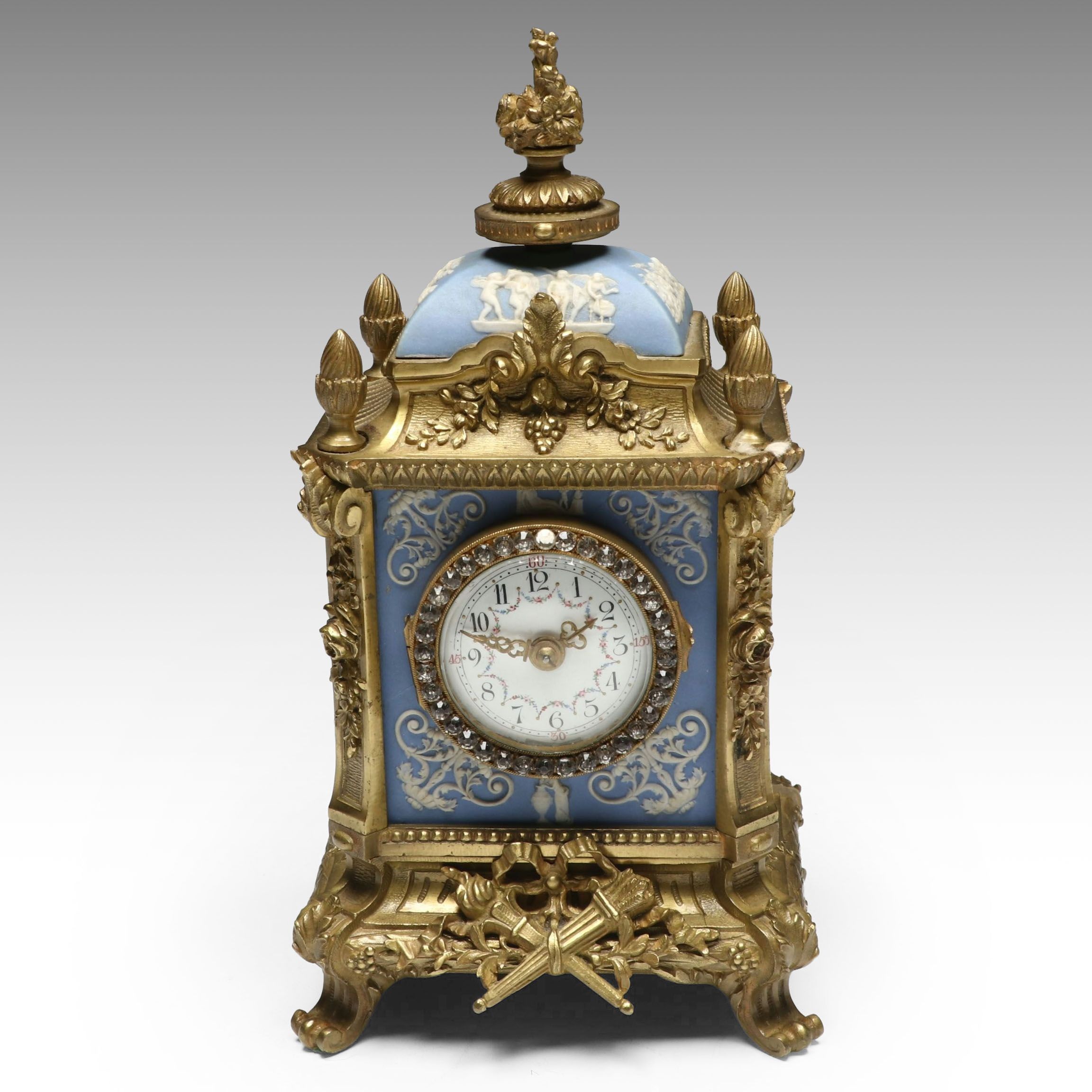 French Ormolu Style Footed Mantel Clock with Jasperware Panels