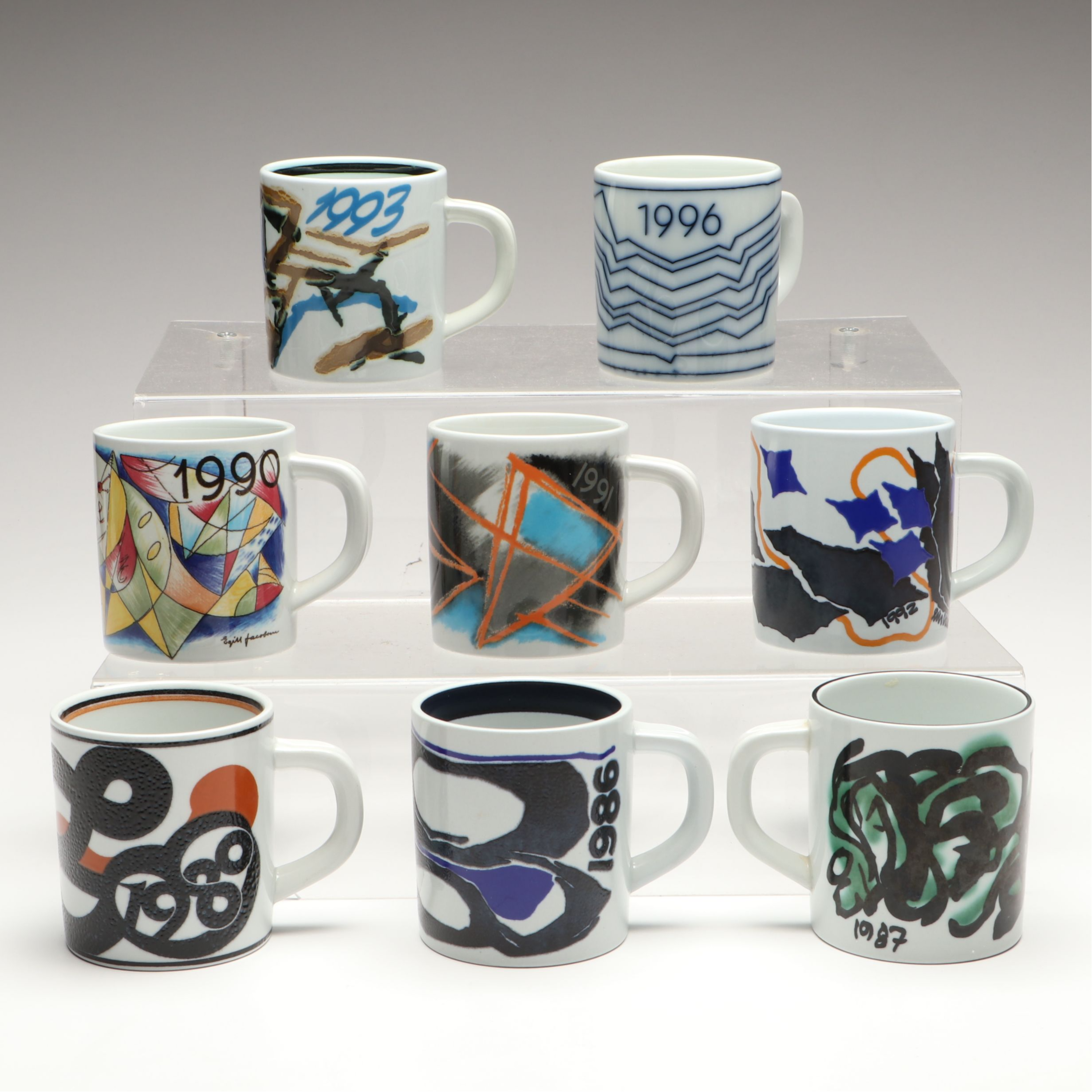Royal Copenhagen Annual Porcelain Mugs, 1986-87, 1990-93, 1996, 1998