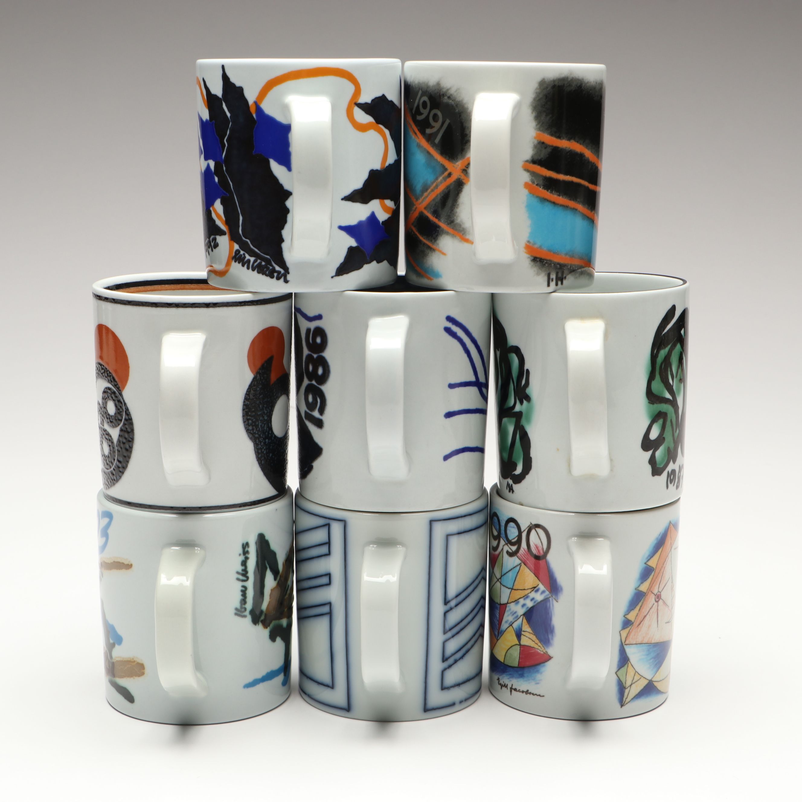Royal Copenhagen Annual Porcelain Mugs, 1986-87, 1990-93, 1996, 1998