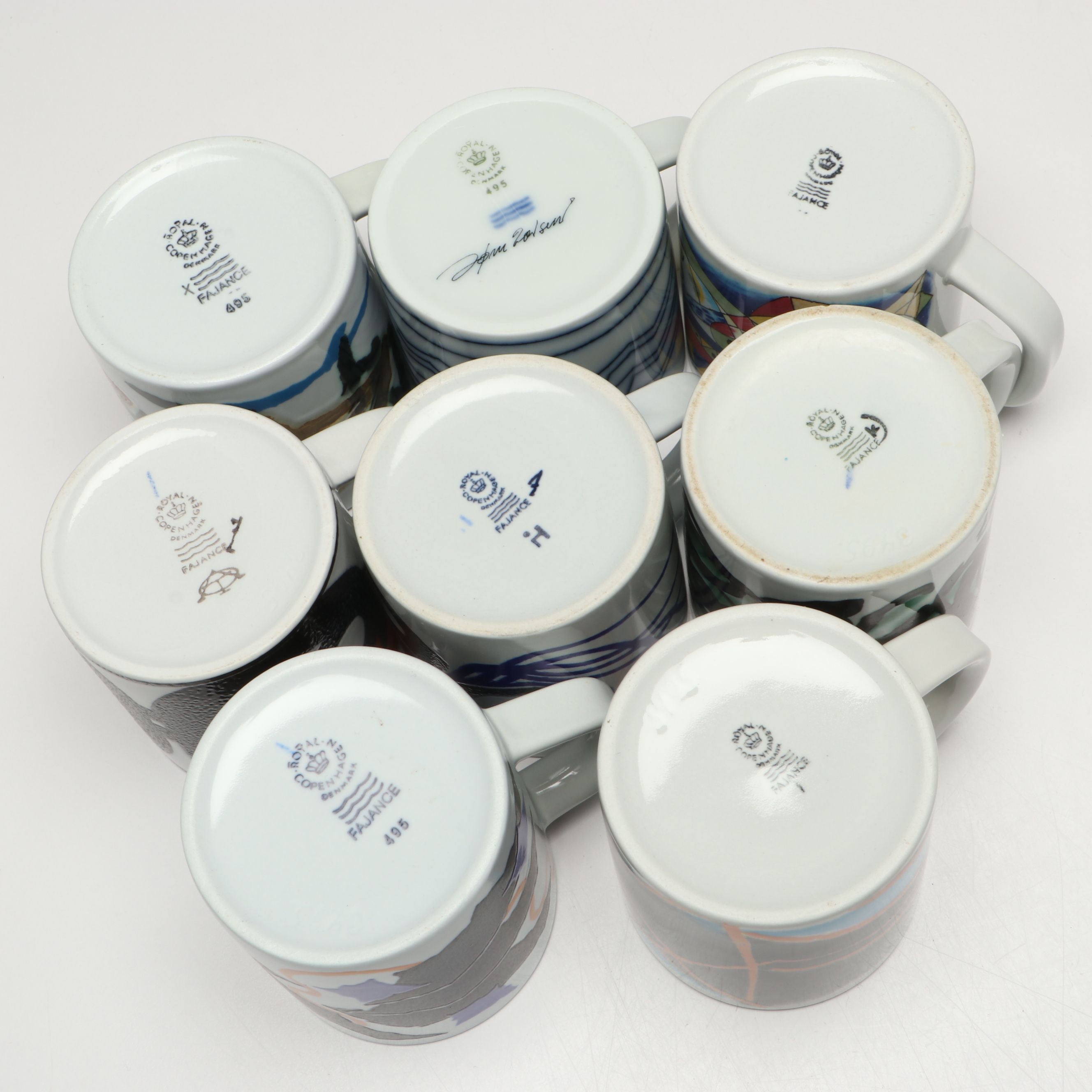 Royal Copenhagen Annual Porcelain Mugs, 1986-87, 1990-93, 1996, 1998