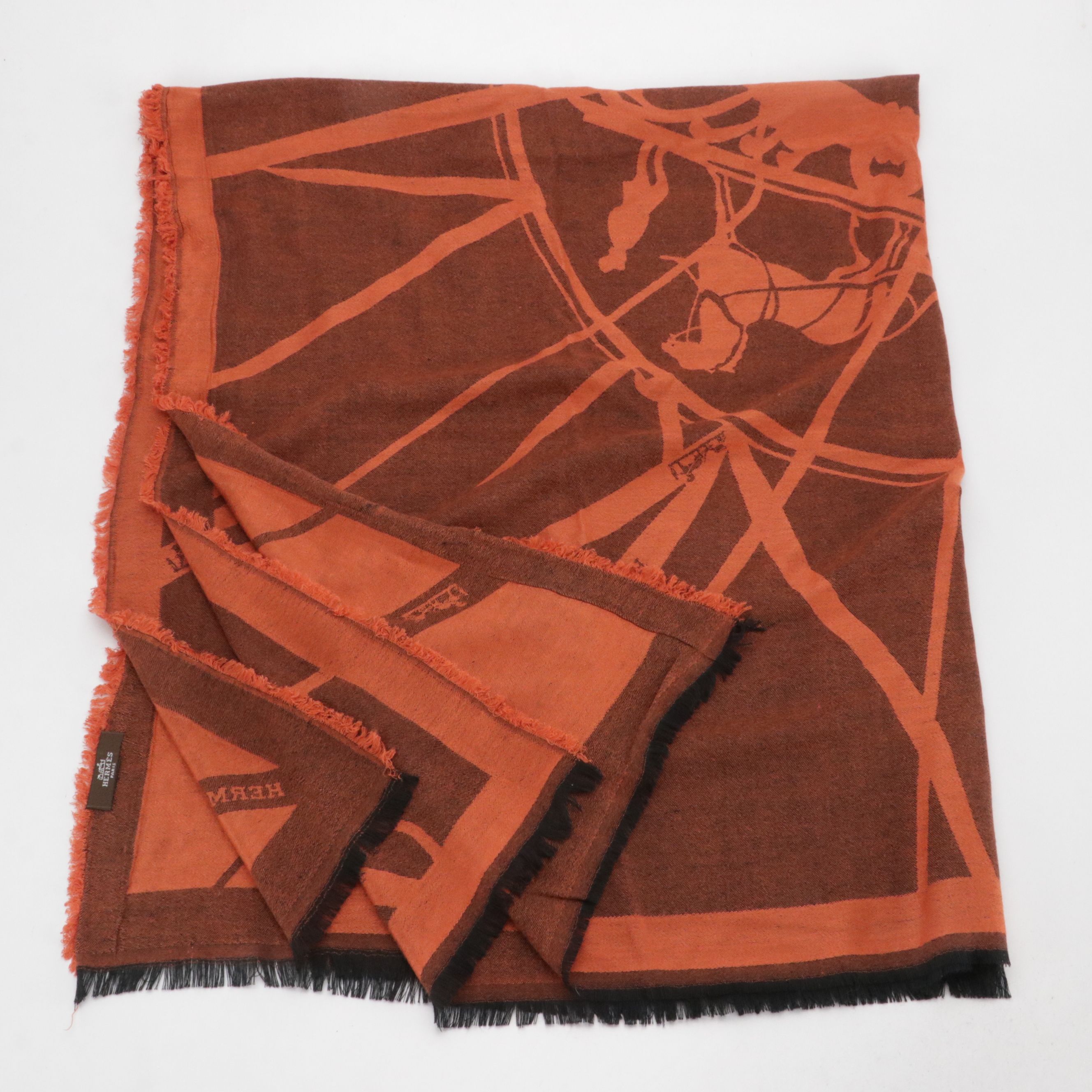 Hermès Silk and Cotton Blend Woven Shawl in Orange/Black