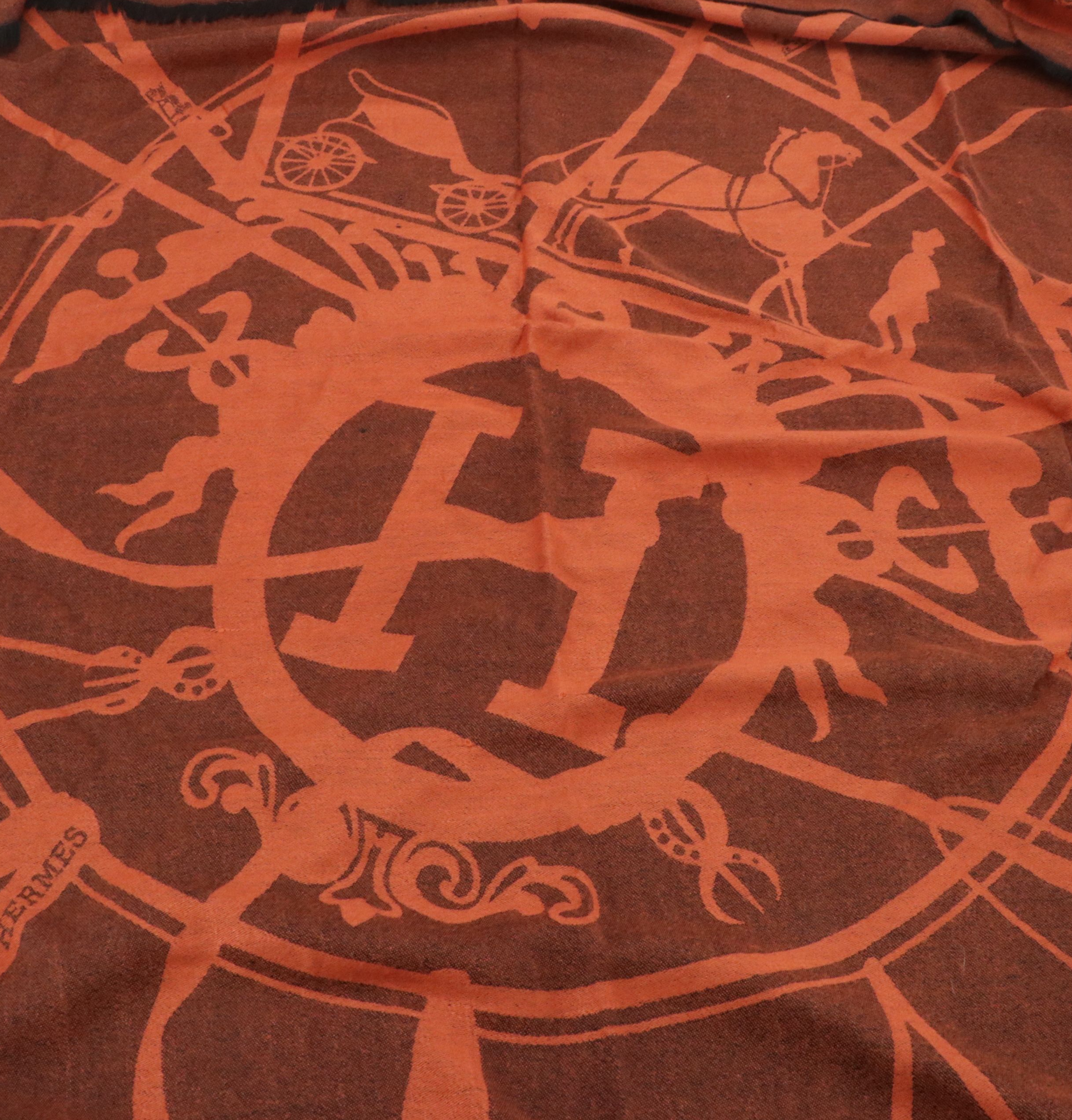 Hermès Silk and Cotton Blend Woven Shawl in Orange/Black