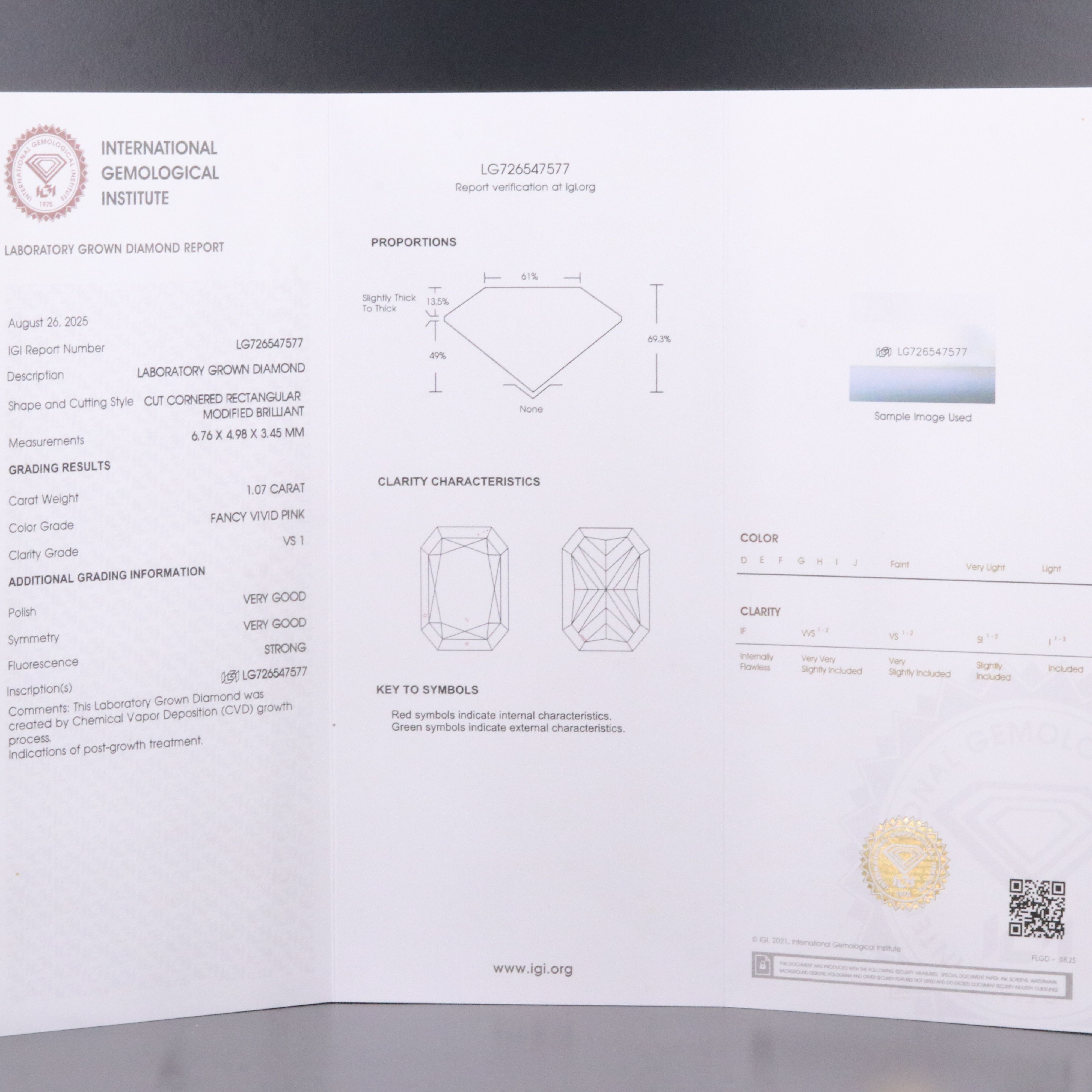 Loose 1.07 CT Lab Grown Fancy Vivid Pink Diamond with IGI Report