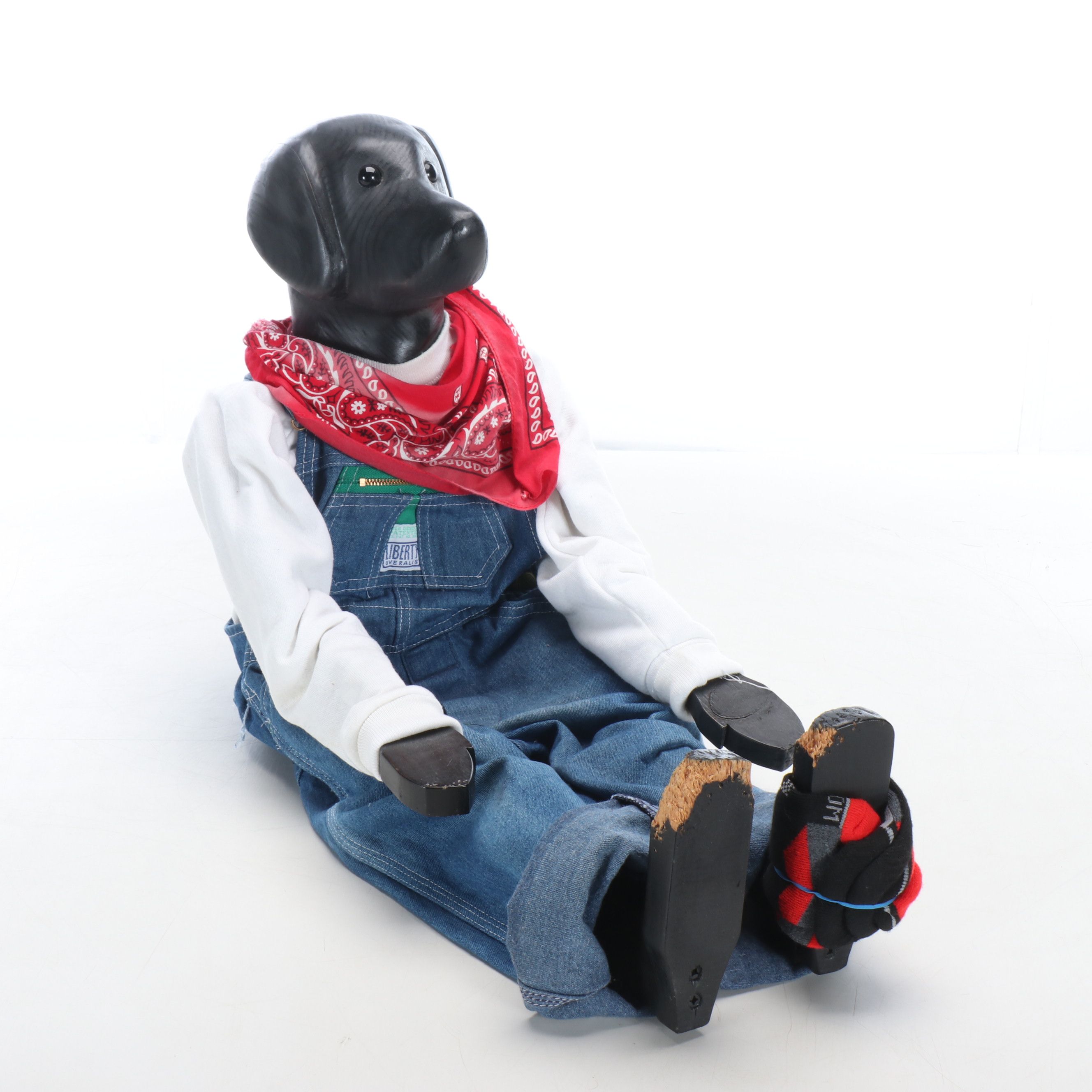 Handcrafted Wooden Sitting Dog Figurine with Liberty Denim Overalls
