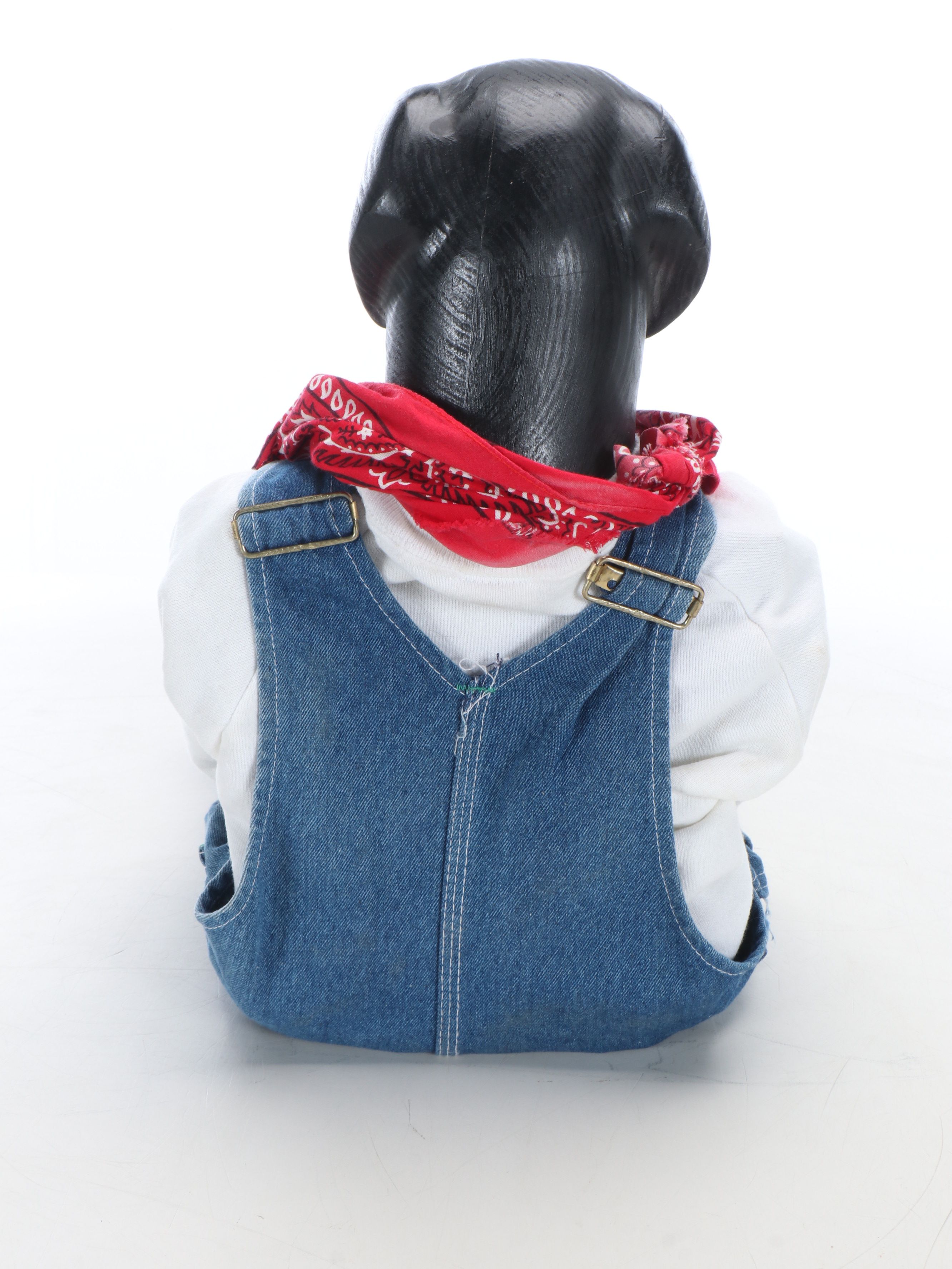 Handcrafted Wooden Sitting Dog Figurine with Liberty Denim Overalls
