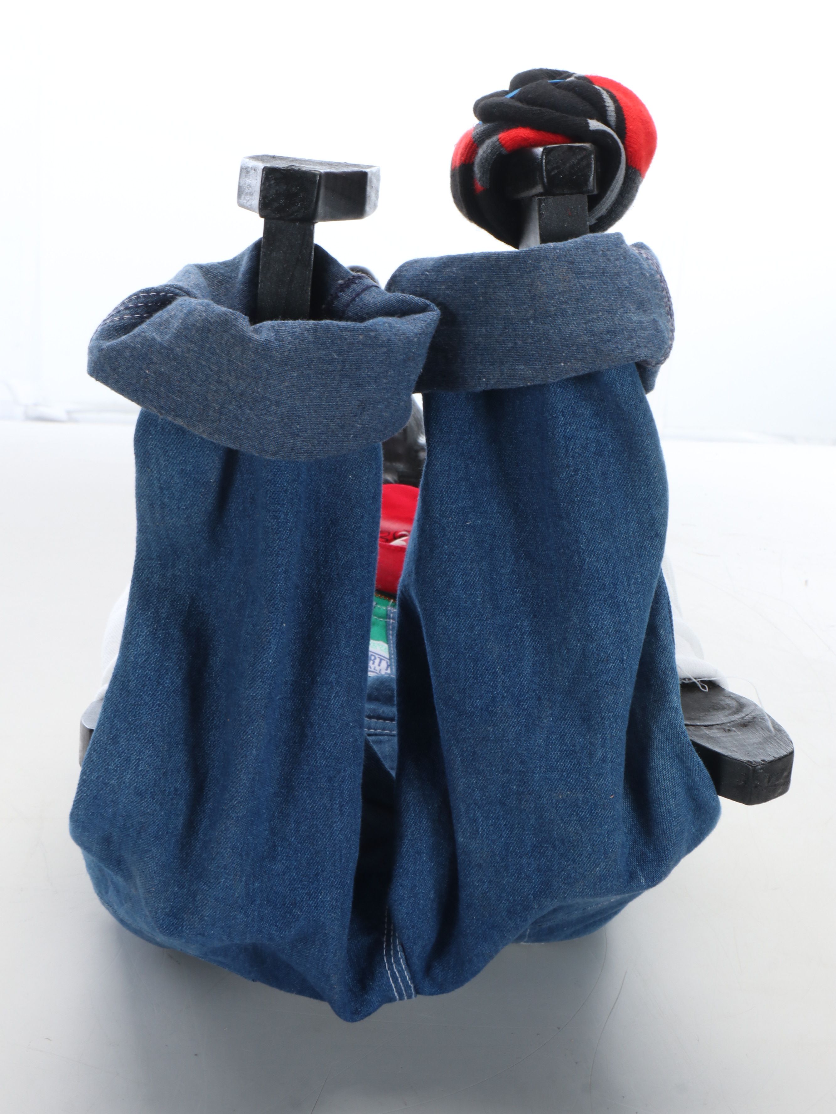 Handcrafted Wooden Sitting Dog Figurine with Liberty Denim Overalls