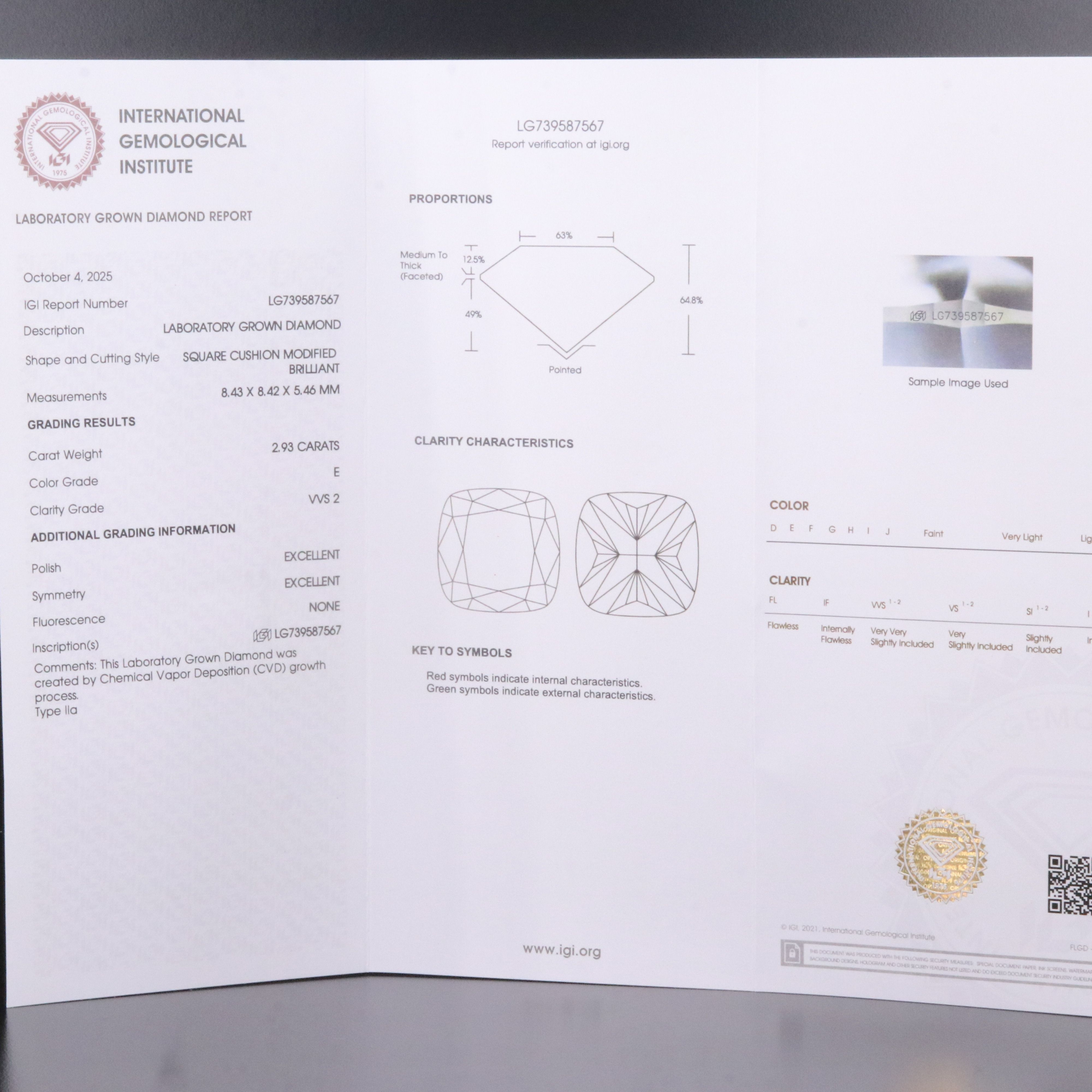 Loose 2.93 CT Lab Grown Diamond with IGI Report