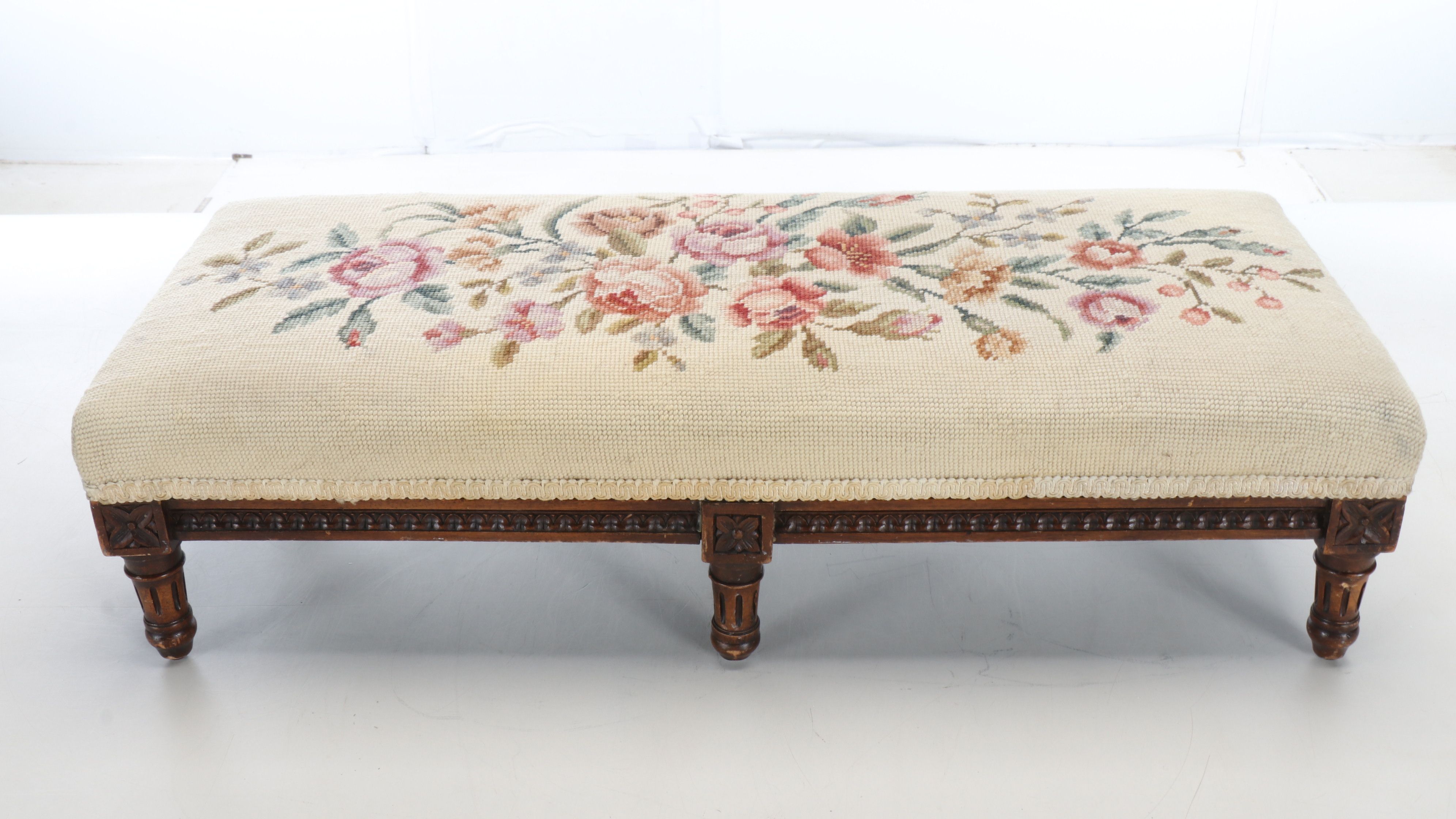 Louis XVI Style Carved Wood and Needlepoint Long Ottoman, Early to Mid-20th C.
