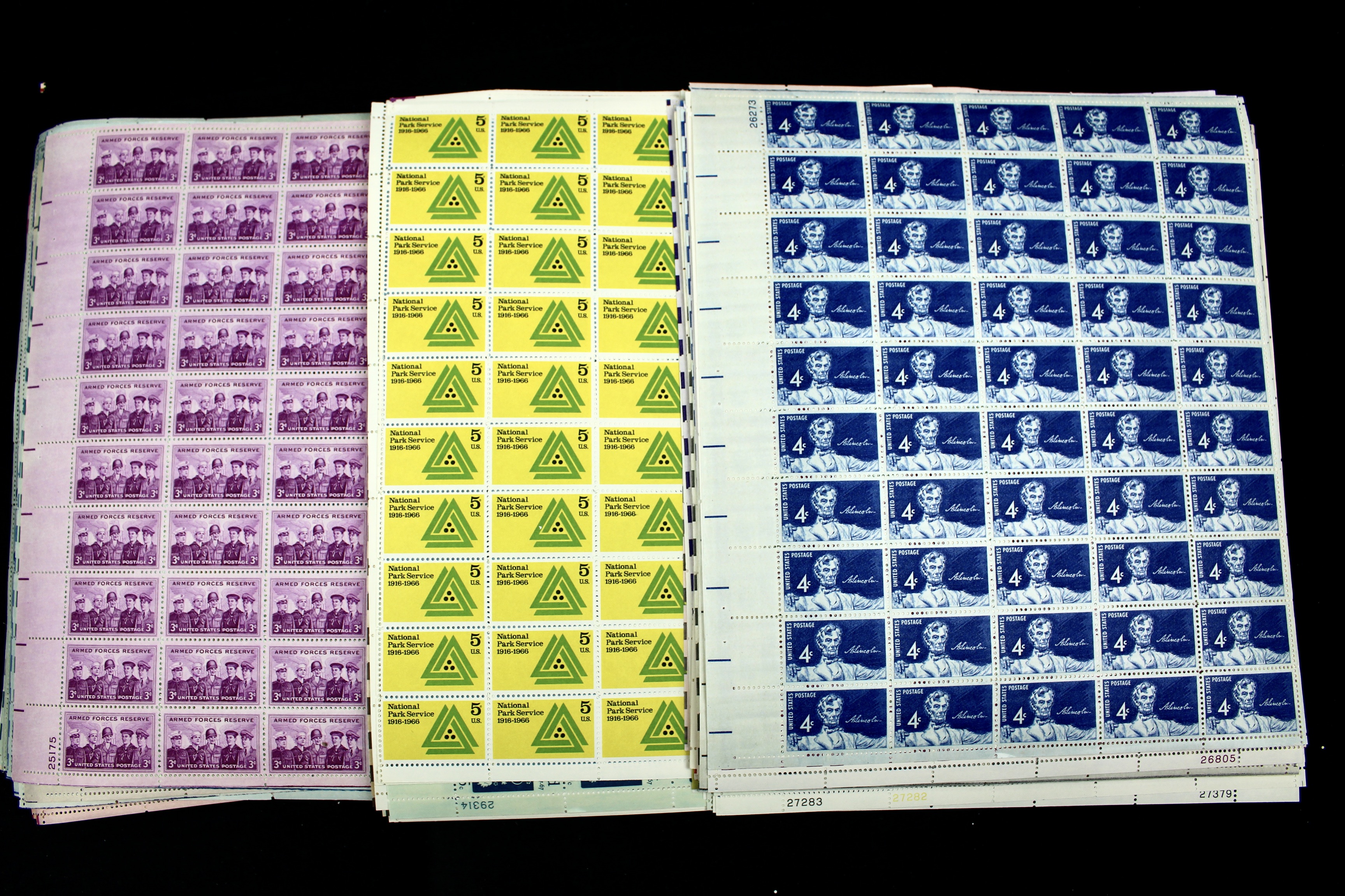 100 Mint Condition U.S. Postage Stamp Sheets, 1940s-1960s