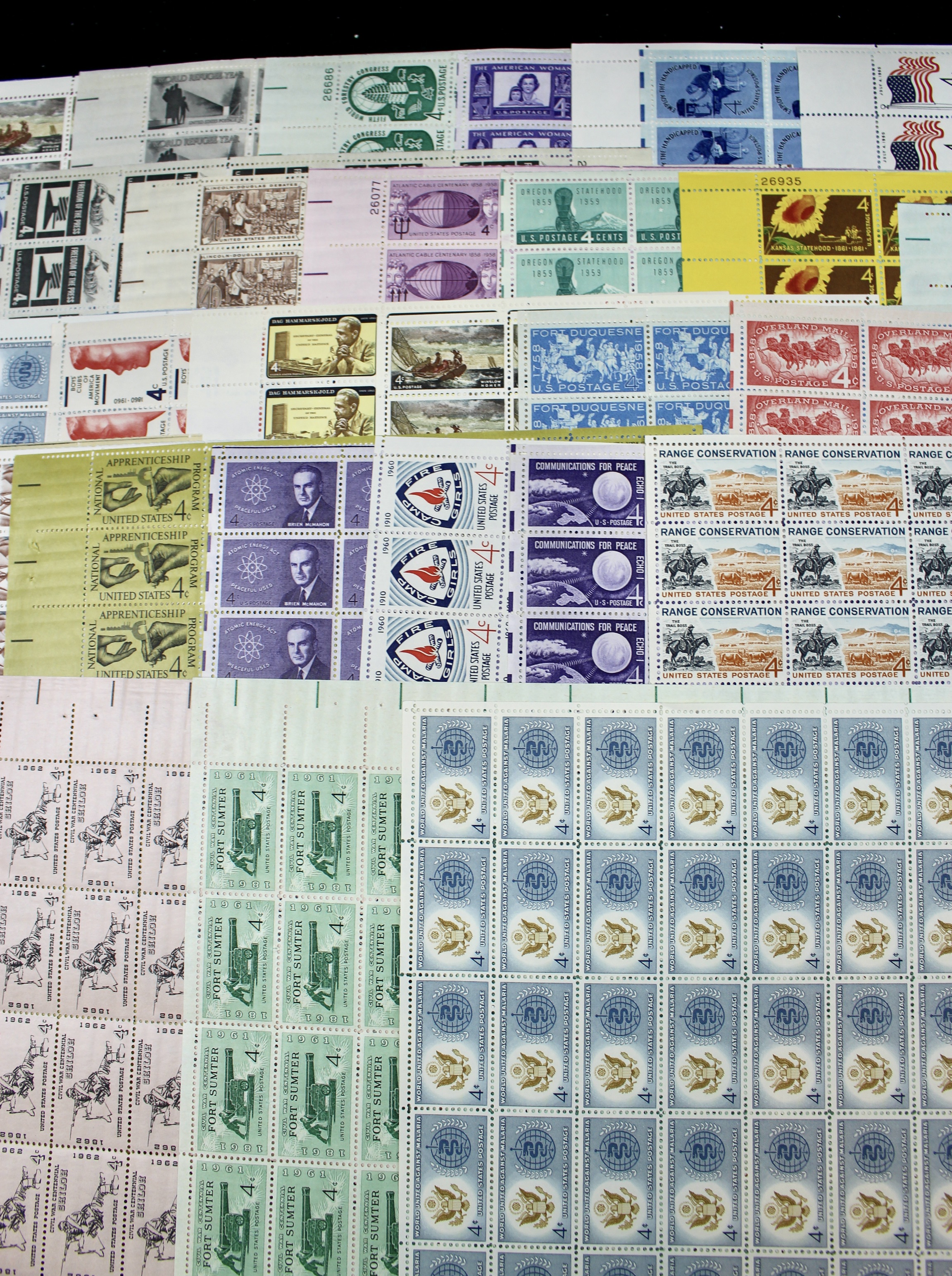 100 Mint Condition U.S. Postage Stamp Sheets, 1940s-1960s