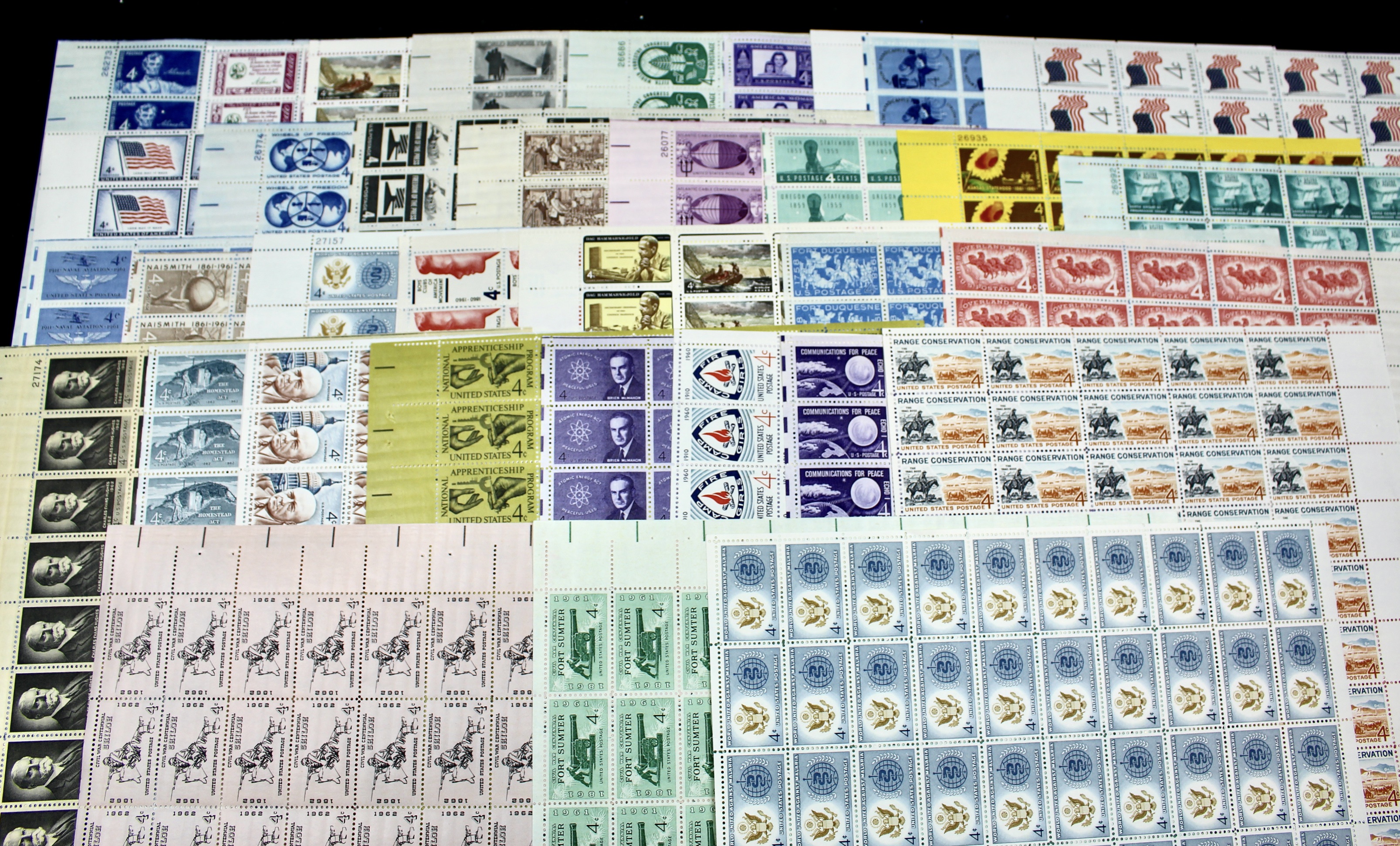 100 Mint Condition U.S. Postage Stamp Sheets, 1940s-1960s
