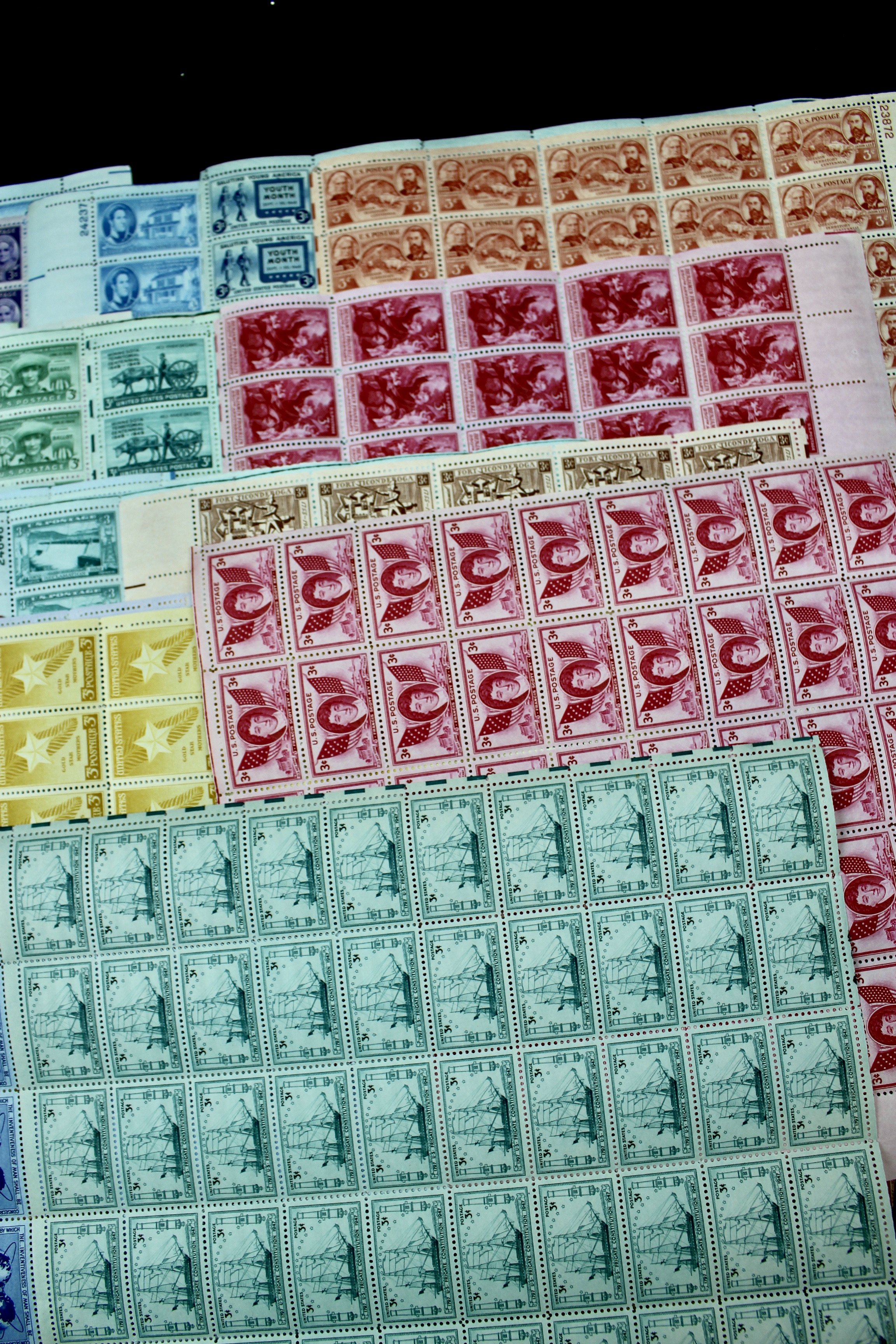 100 Mint Condition U.S. Postage Stamp Sheets, 1940s-1960s