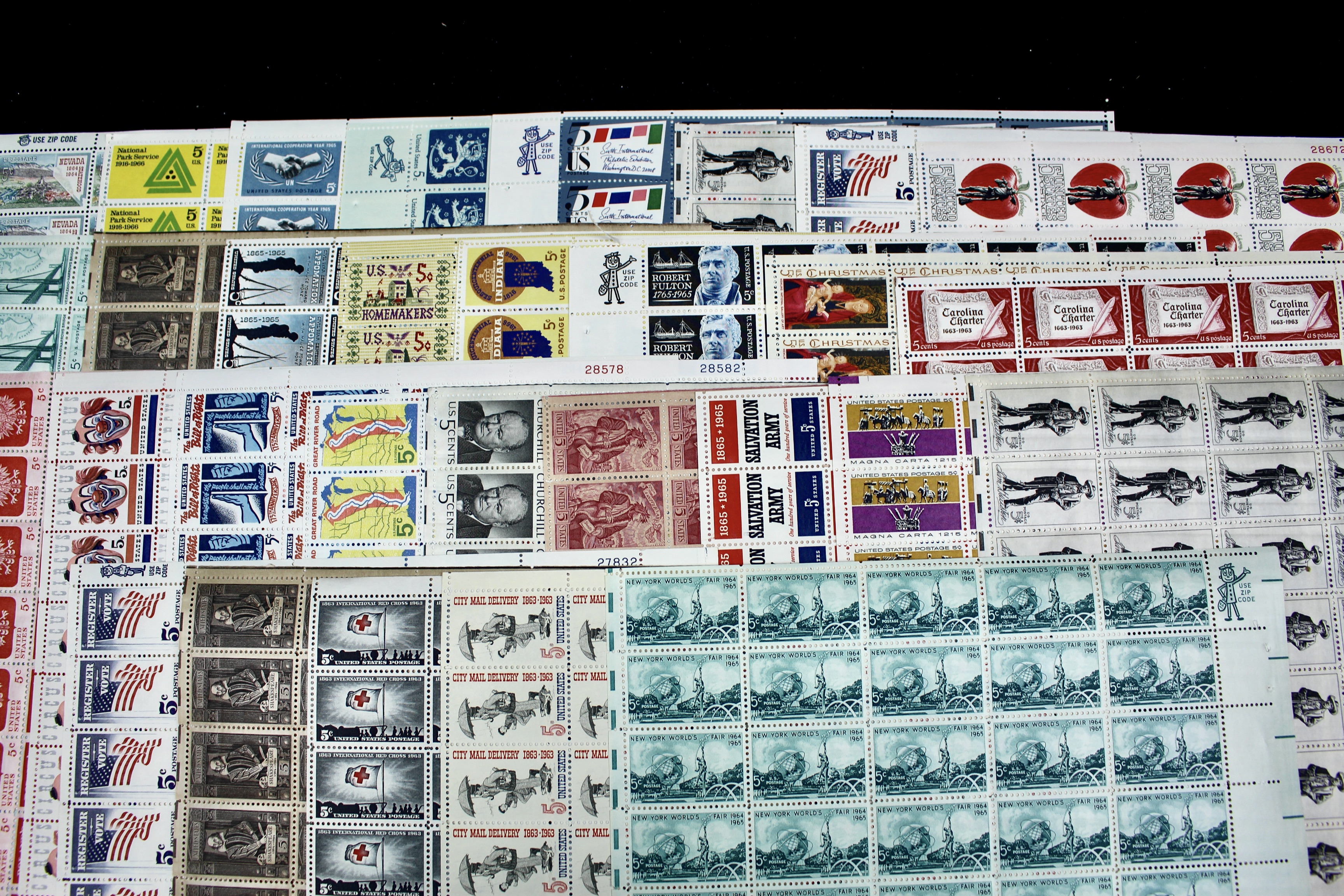 100 Mint Condition U.S. Postage Stamp Sheets, 1940s-1960s