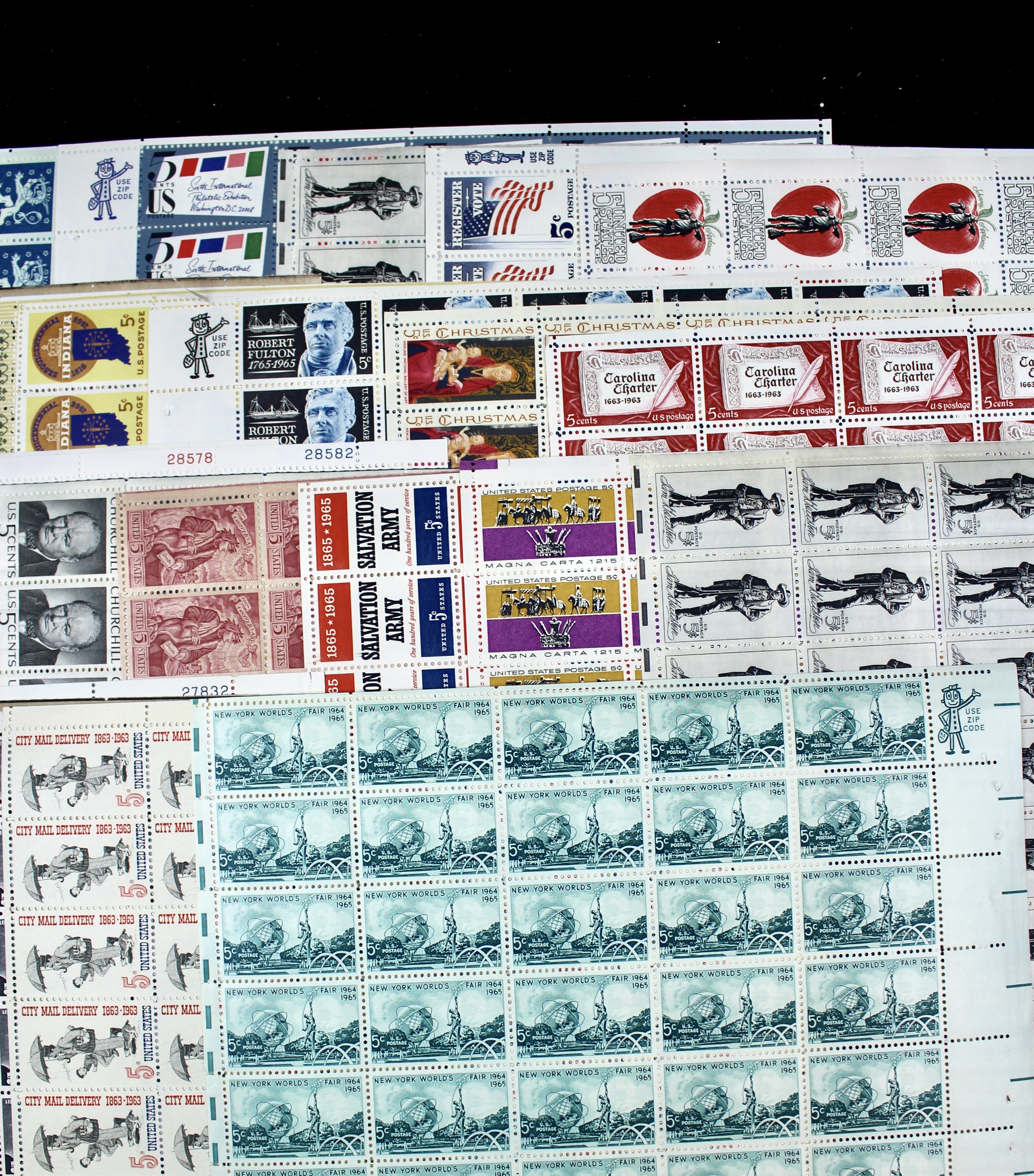 100 Mint Condition U.S. Postage Stamp Sheets, 1940s-1960s