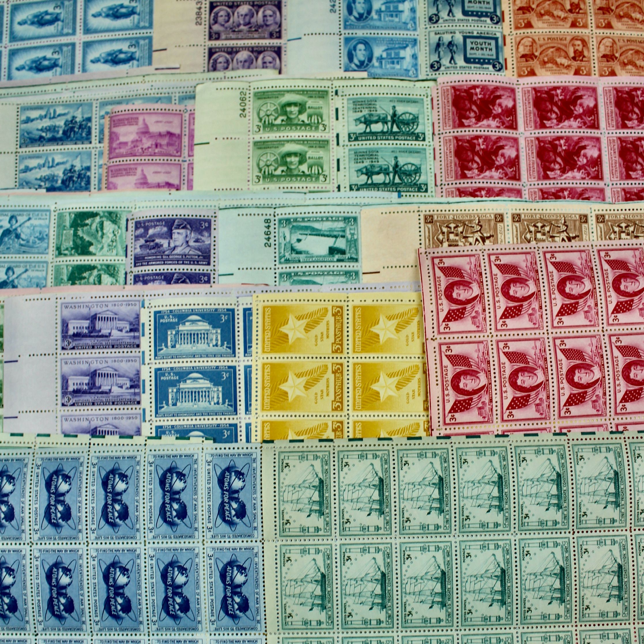 100 Mint Condition U.S. Postage Stamp Sheets, 1940s-1960s