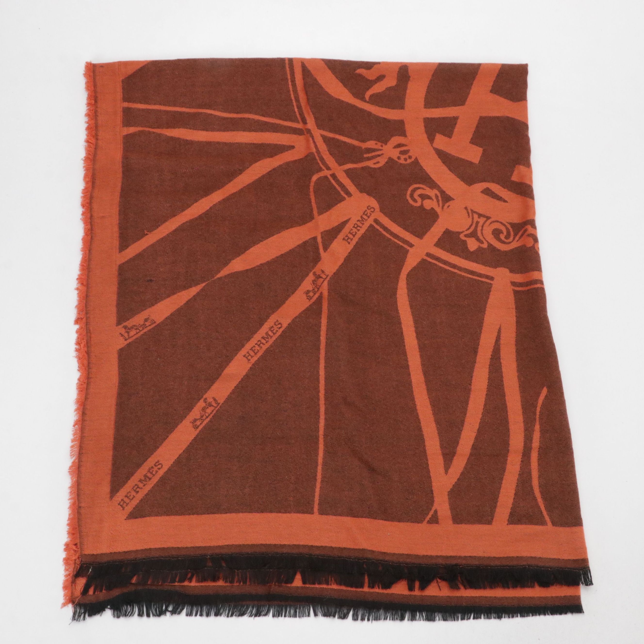 Hermès Silk and Cotton Blend Woven Shawl in Orange/Black