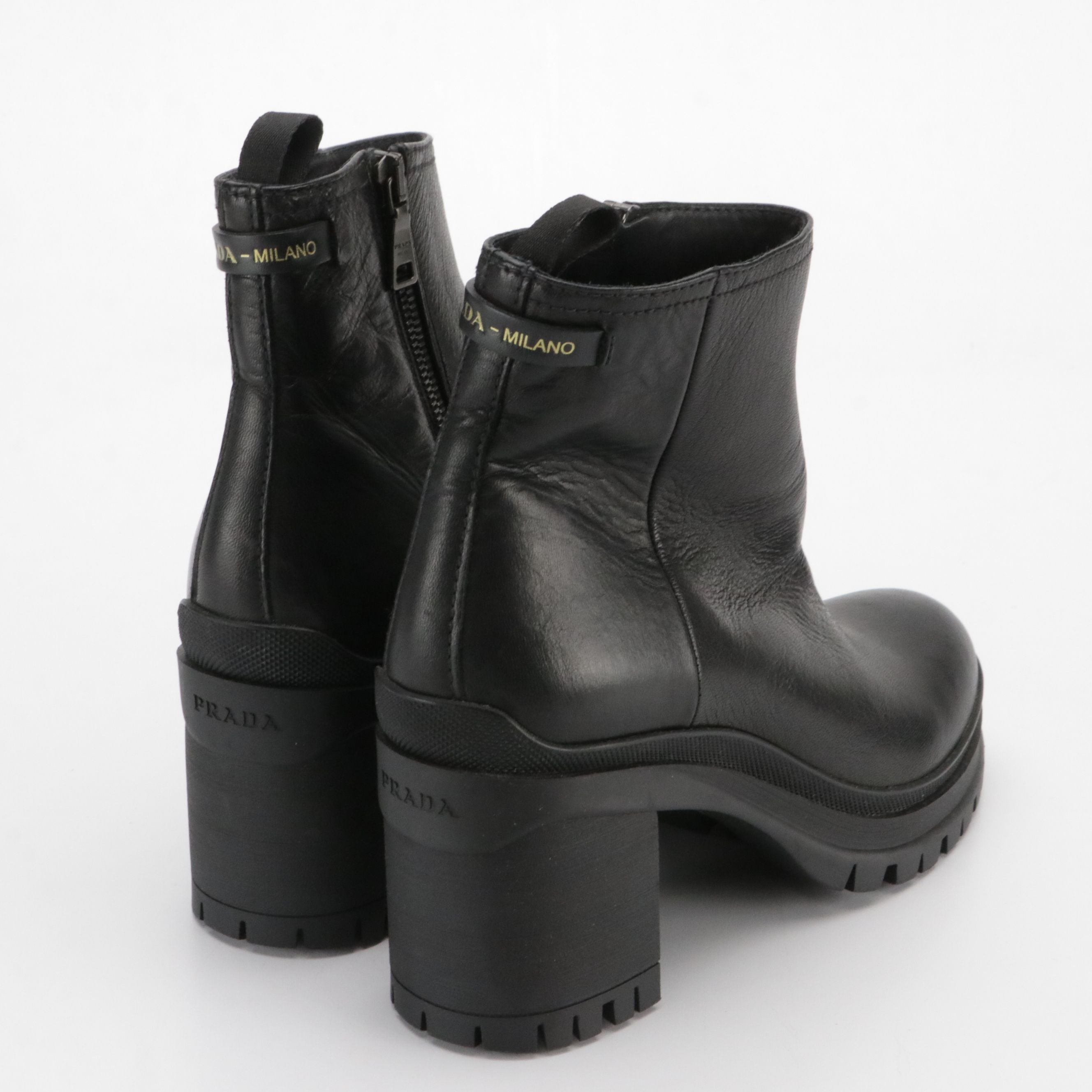 Prada Chunky Heeled Chelsea Boots in Shiny Black Grained Leather