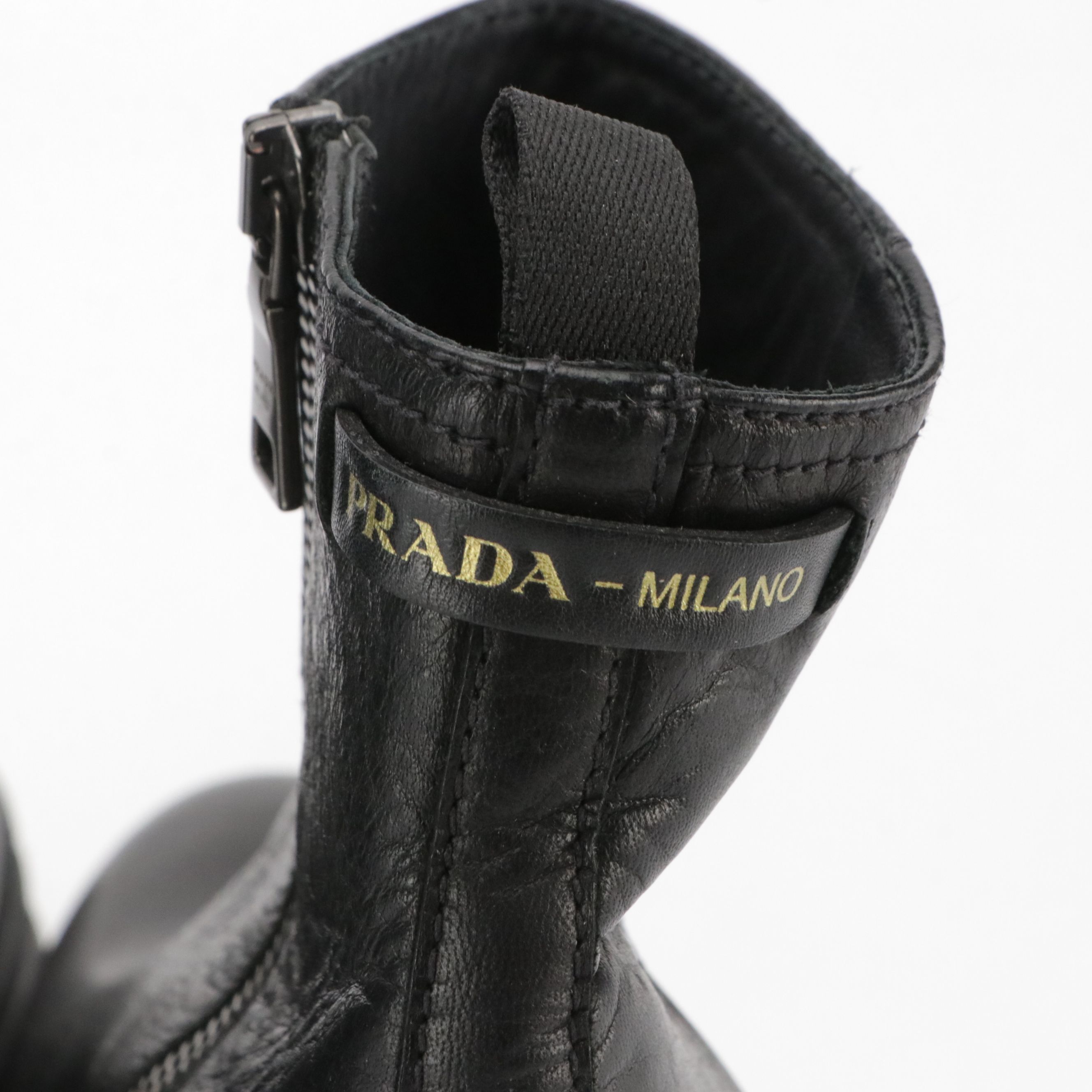 Prada Chunky Heeled Chelsea Boots in Shiny Black Grained Leather