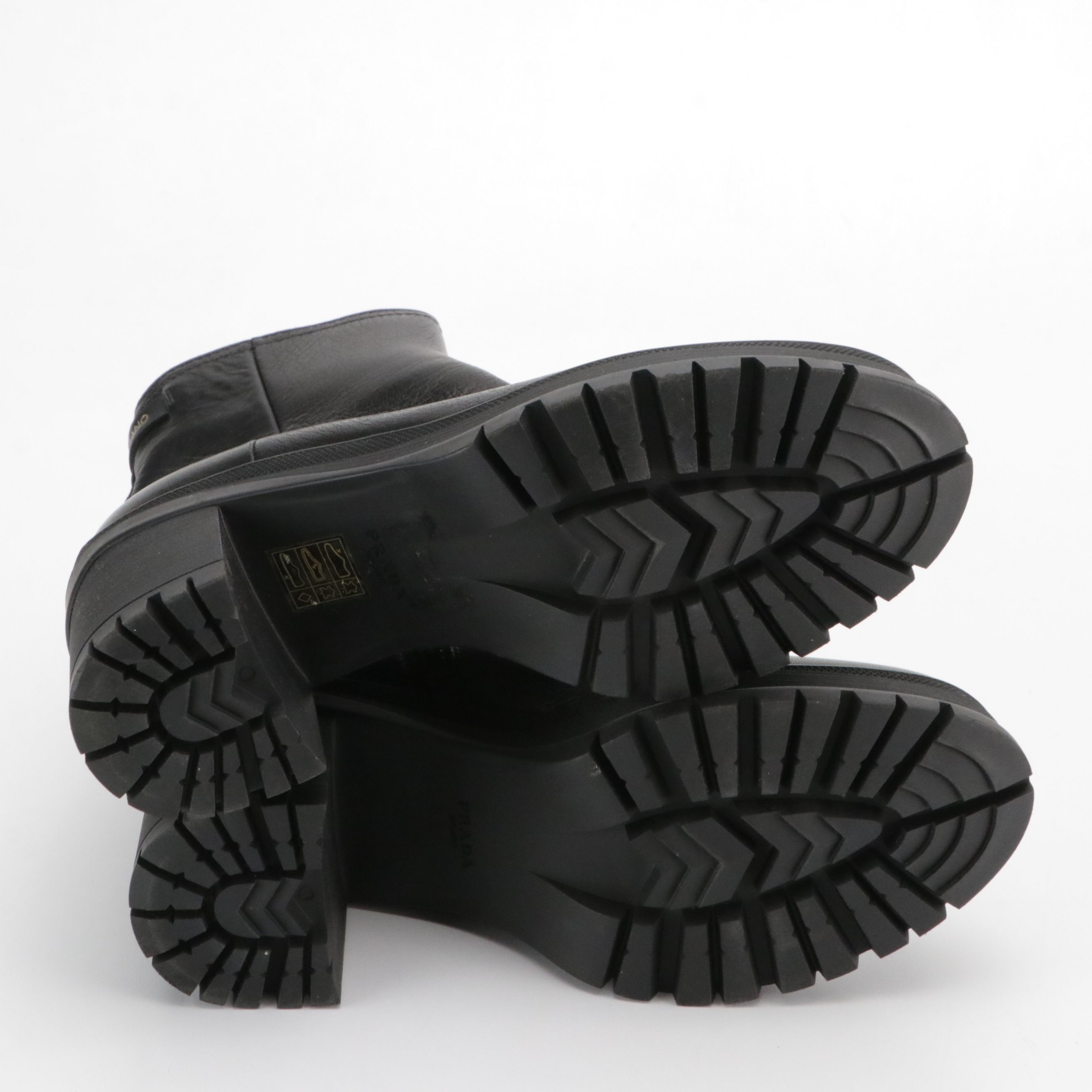 Prada Chunky Heeled Chelsea Boots in Shiny Black Grained Leather