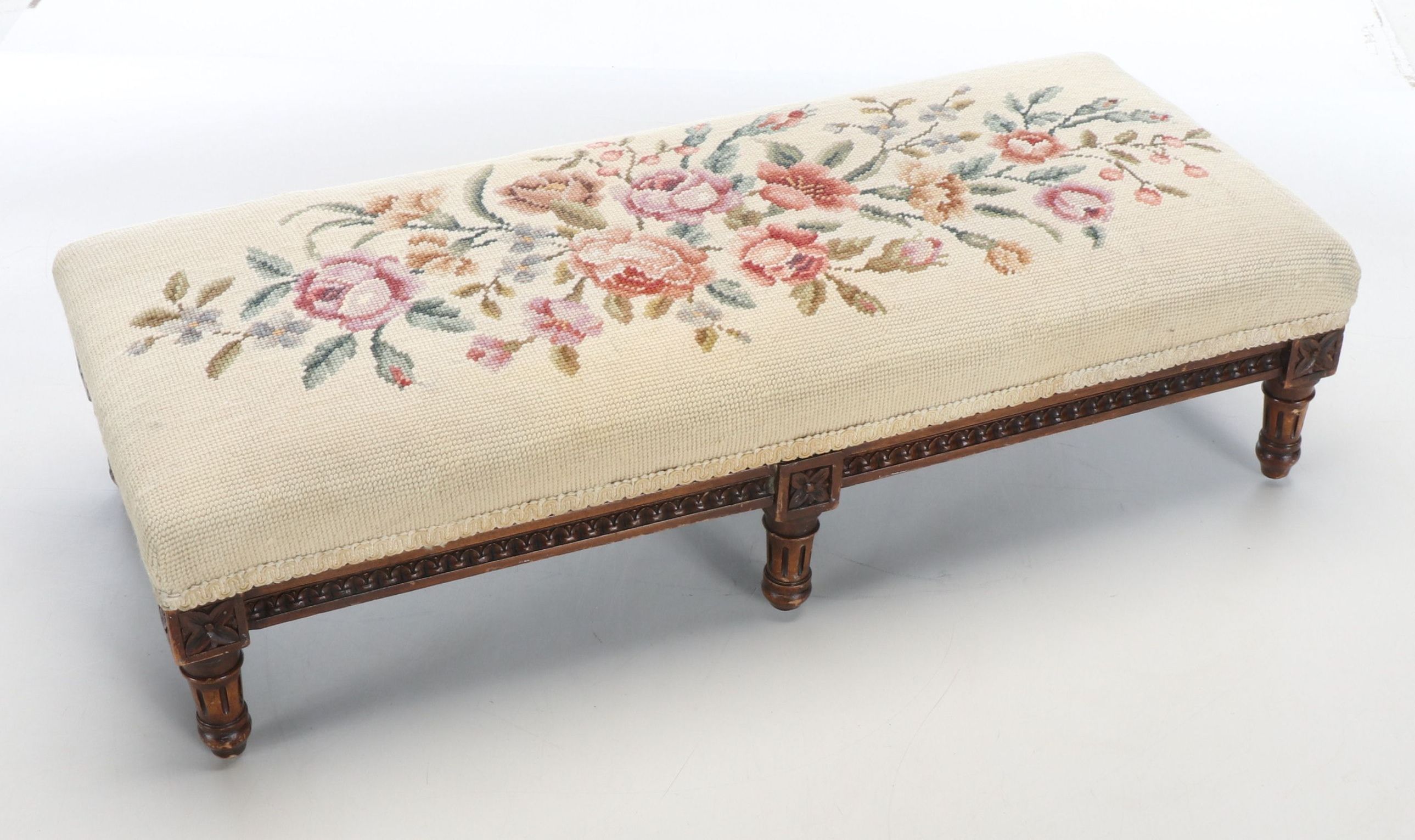 Louis XVI Style Carved Wood and Needlepoint Long Ottoman, Early to Mid-20th C.