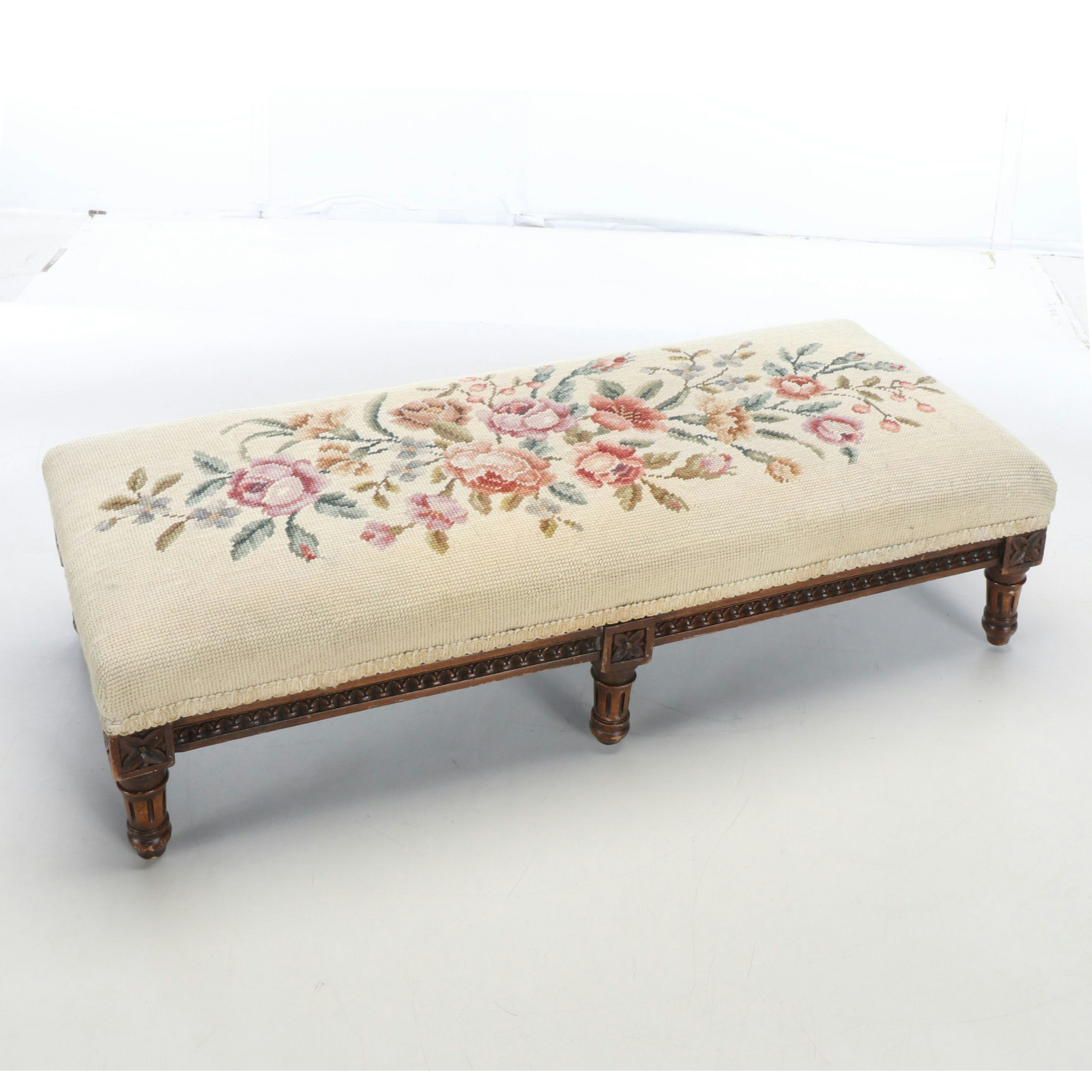 Louis XVI Style Carved Wood and Needlepoint Long Ottoman, Early to Mid-20th C.