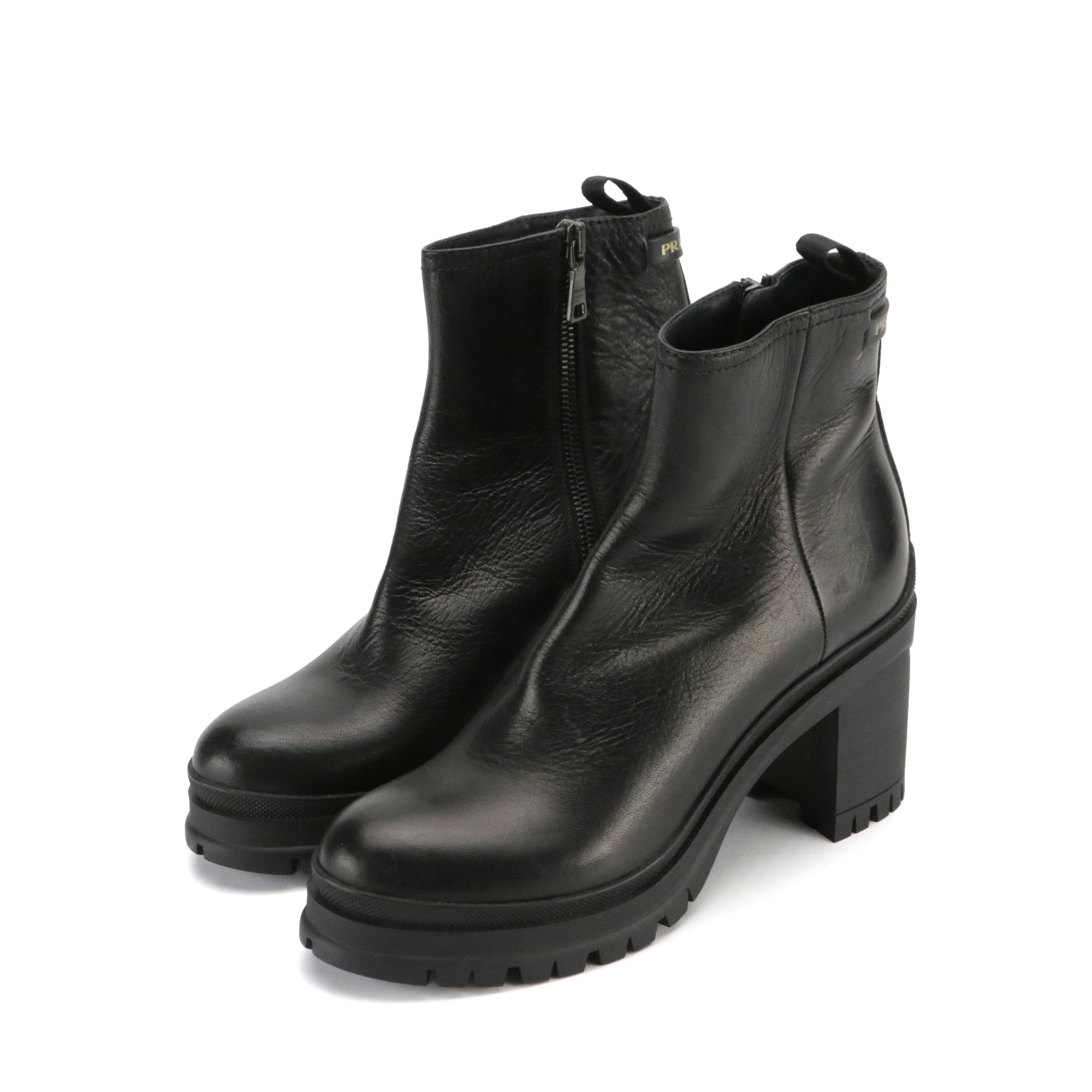 Prada Chunky Heeled Chelsea Boots in Shiny Black Grained Leather