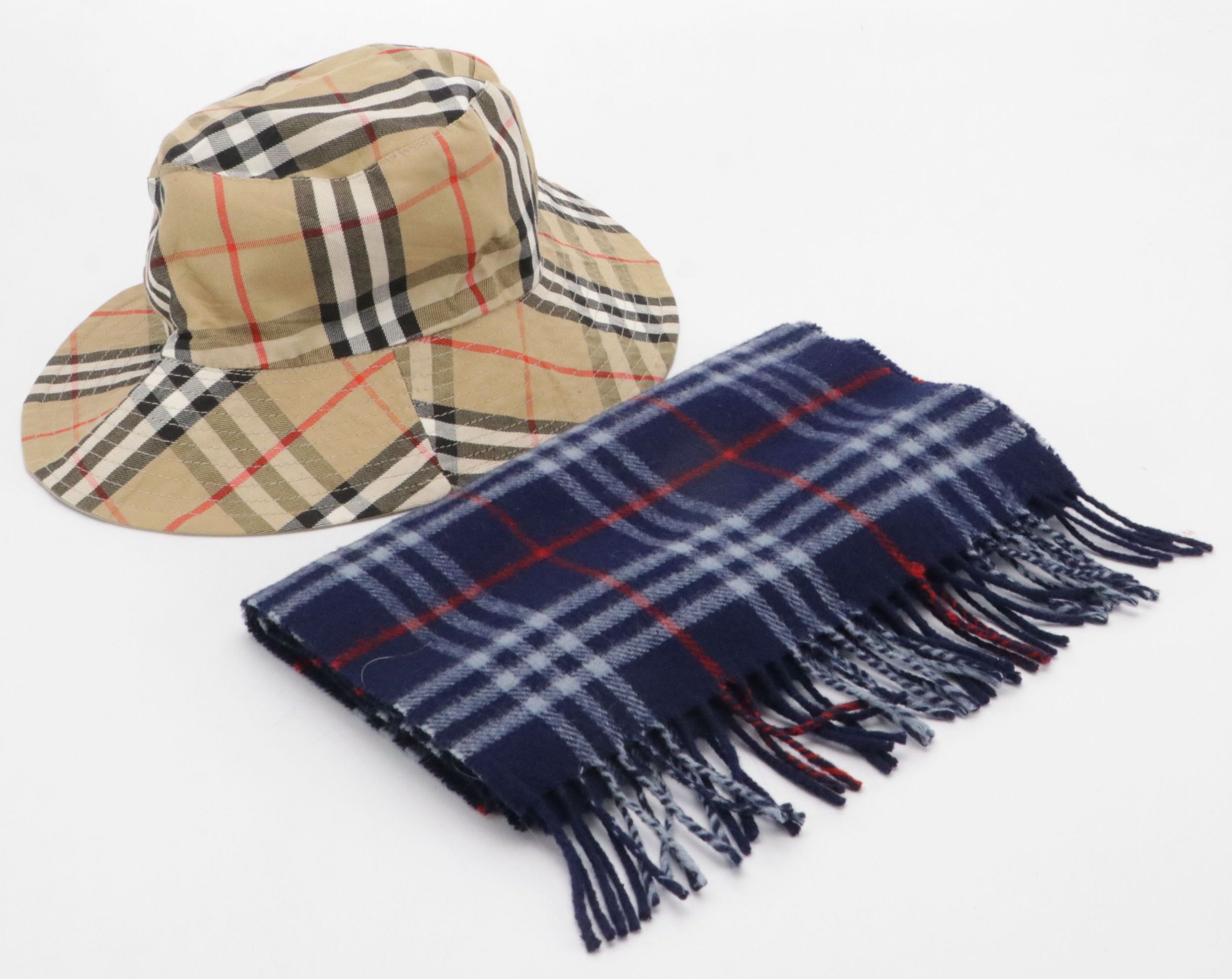 Burberrys Lambswool Fringe Scarf and Burberry Reversible Bucket Hat