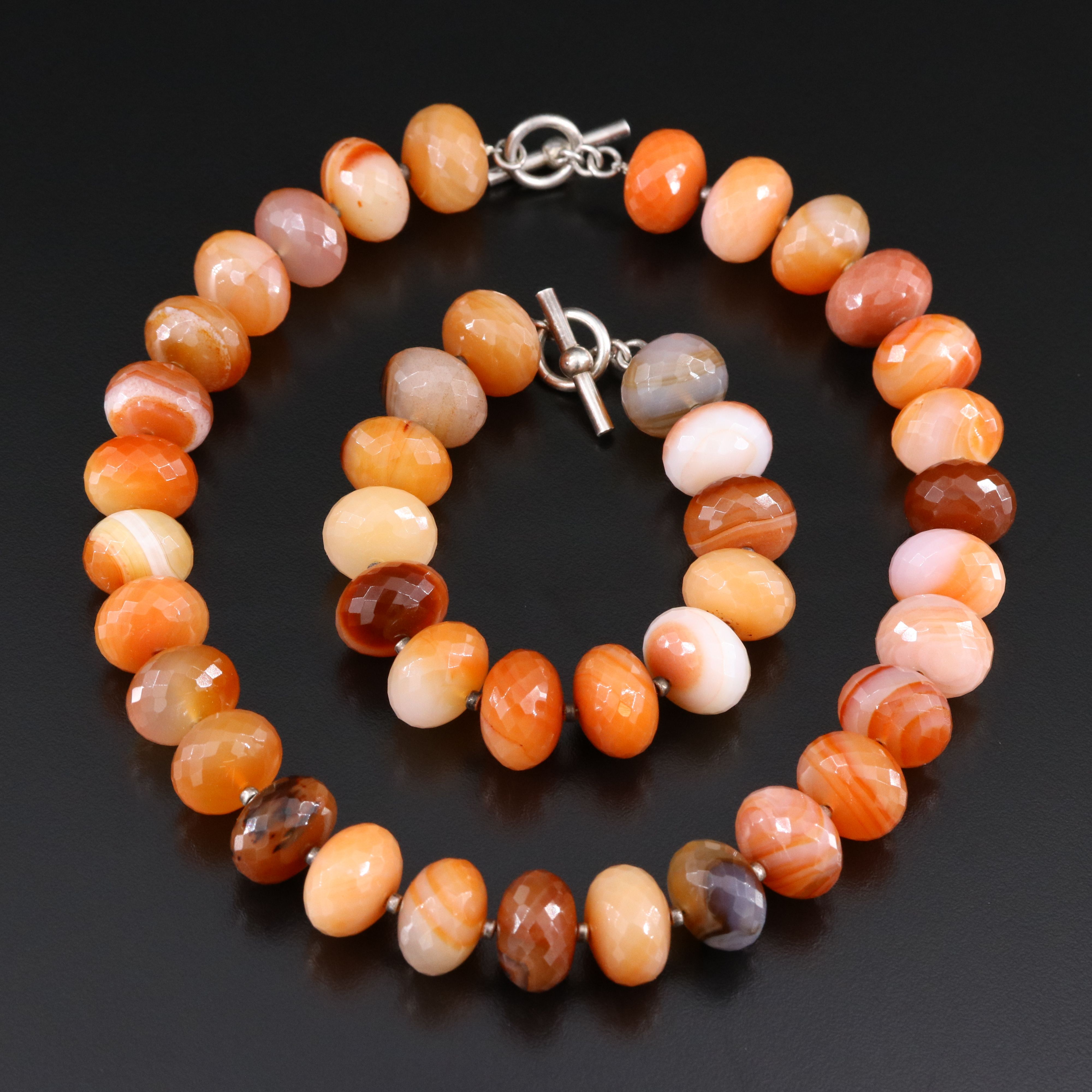 Sterling Faceted Agate Bead Necklace and Bracelet