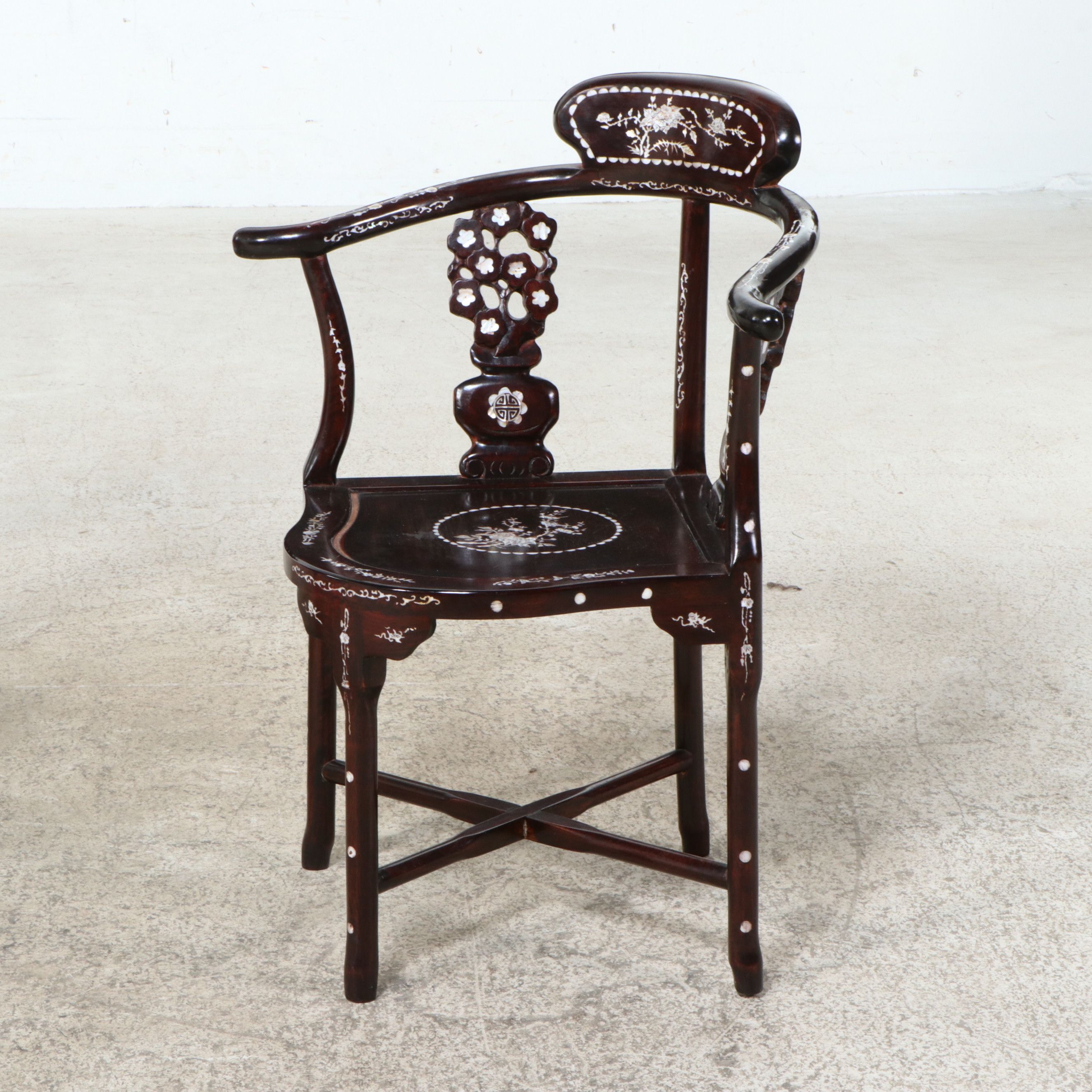 Pair of Chinese Rosewood Corner Chairs with Mother-of-Pearl Inlay
