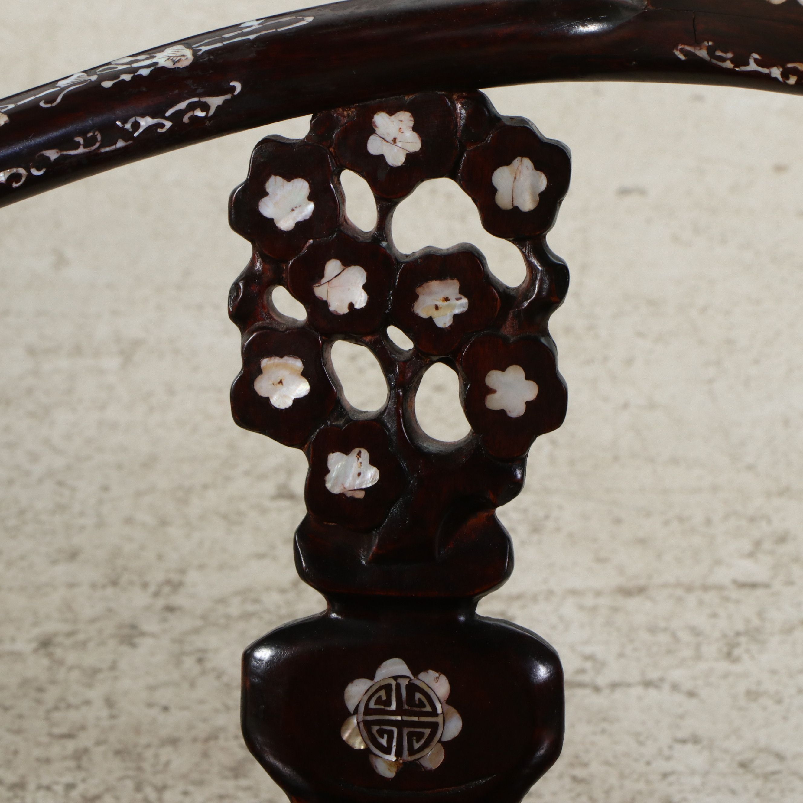 Pair of Chinese Rosewood Corner Chairs with Mother-of-Pearl Inlay