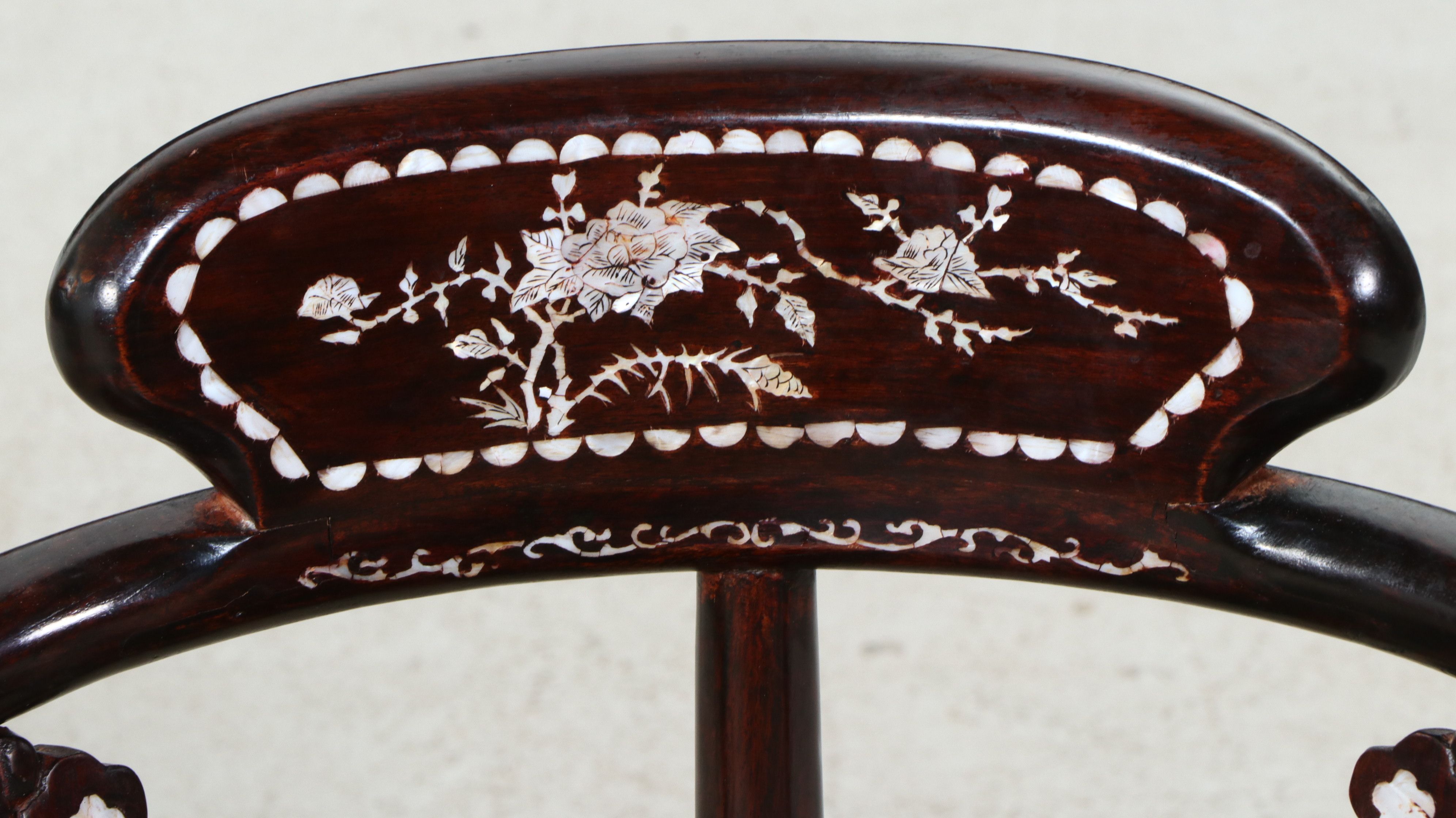 Pair of Chinese Rosewood Corner Chairs with Mother-of-Pearl Inlay