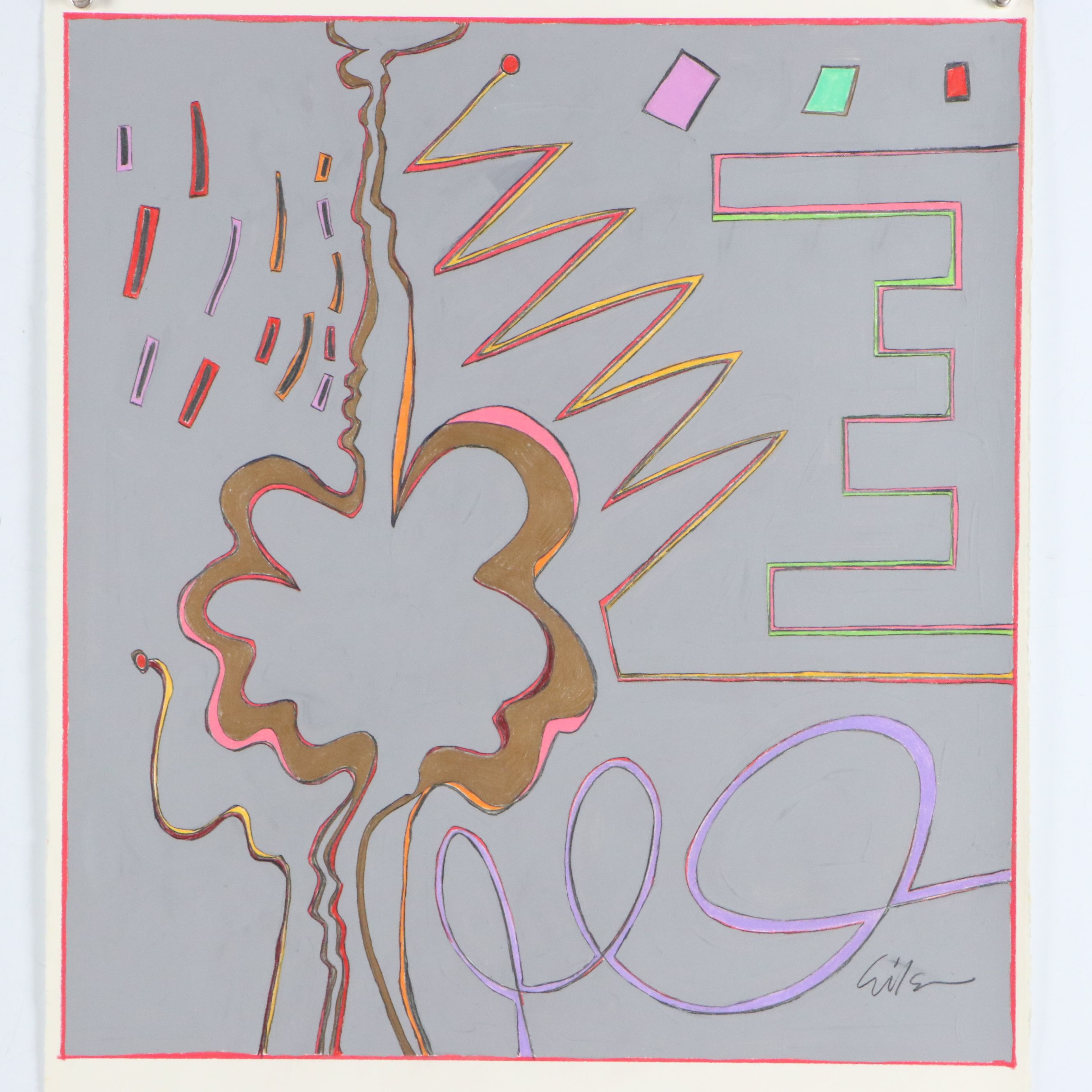 Harry Hilson Linear Mixed Media Painting, Mid to Late 20th Century