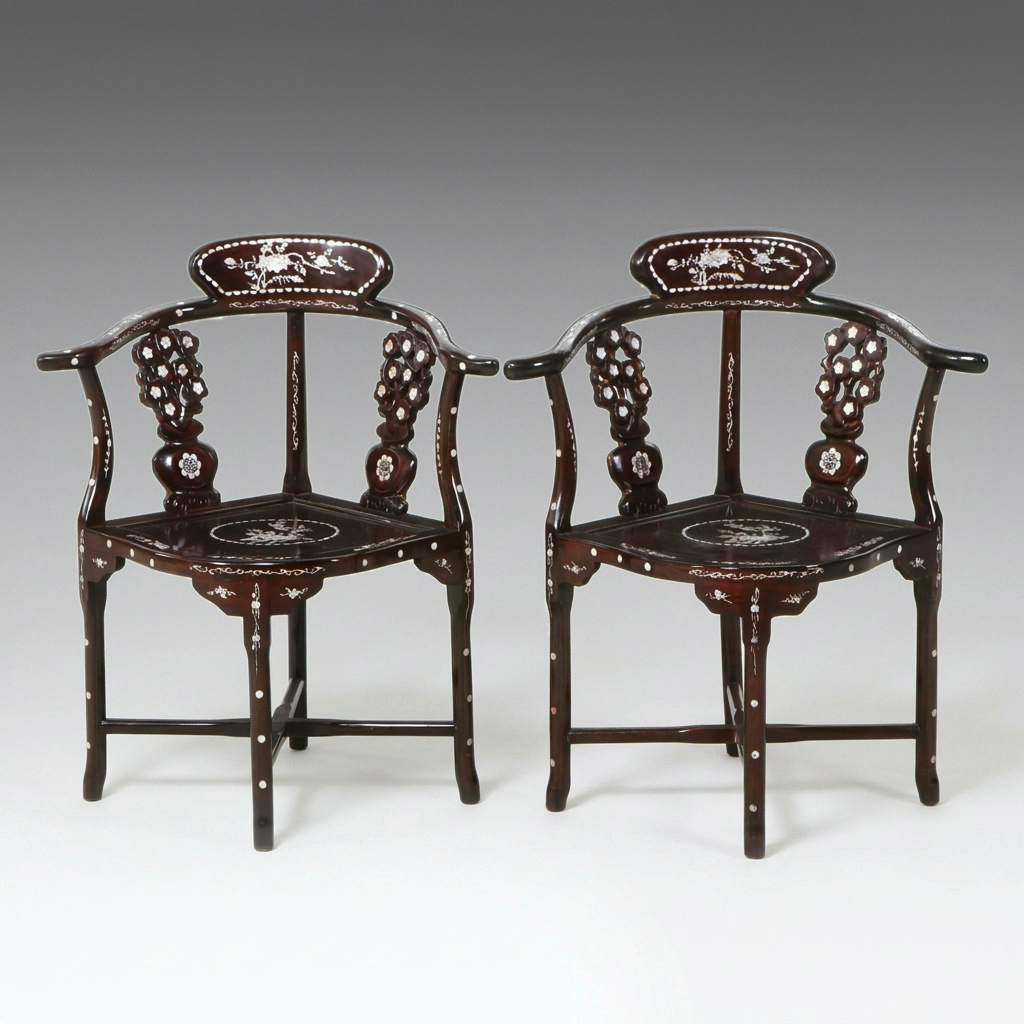 Pair of Chinese Rosewood Corner Chairs with Mother-of-Pearl Inlay