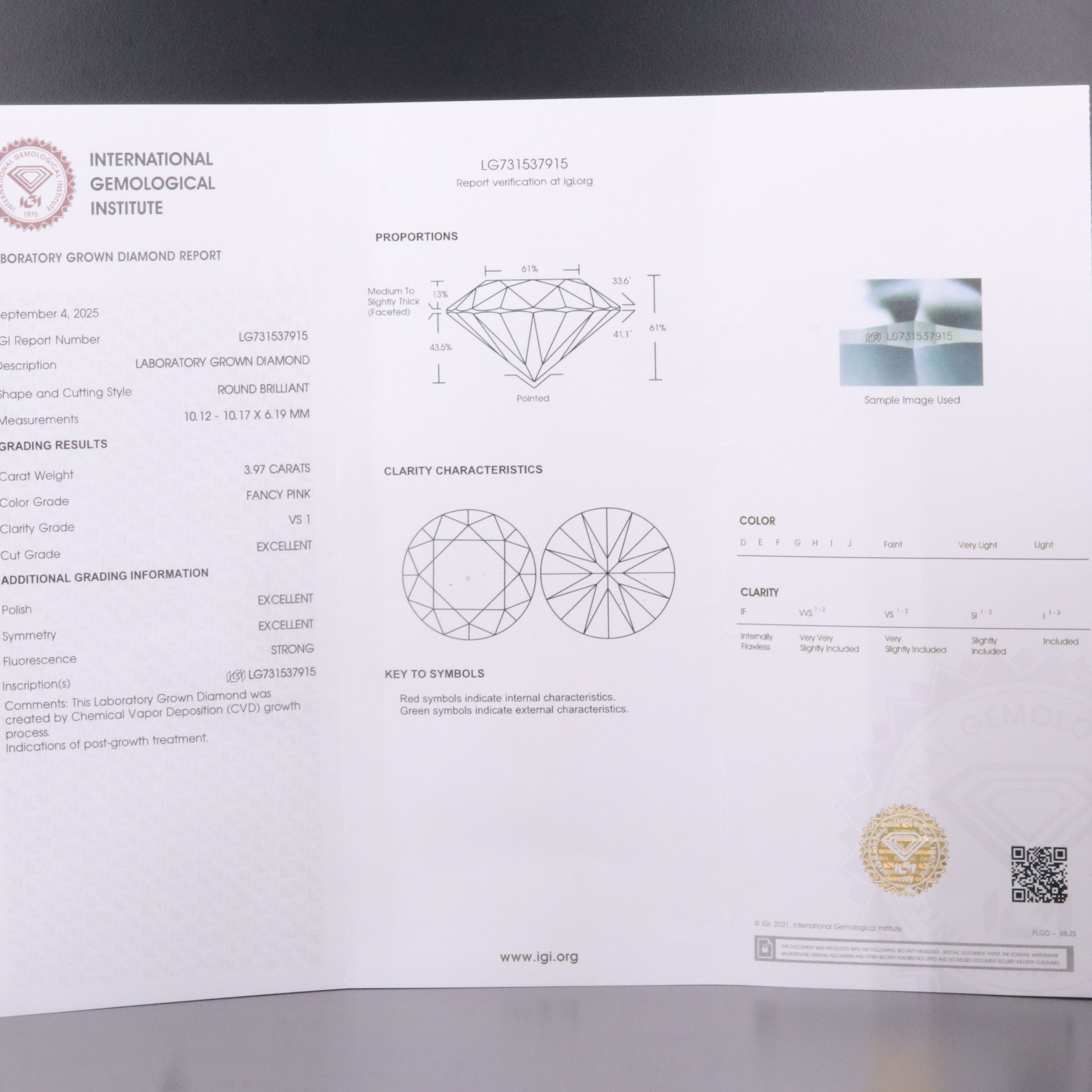 Loose 3.97 CT Lab Grown Fancy Pink Diamond with IGI Report