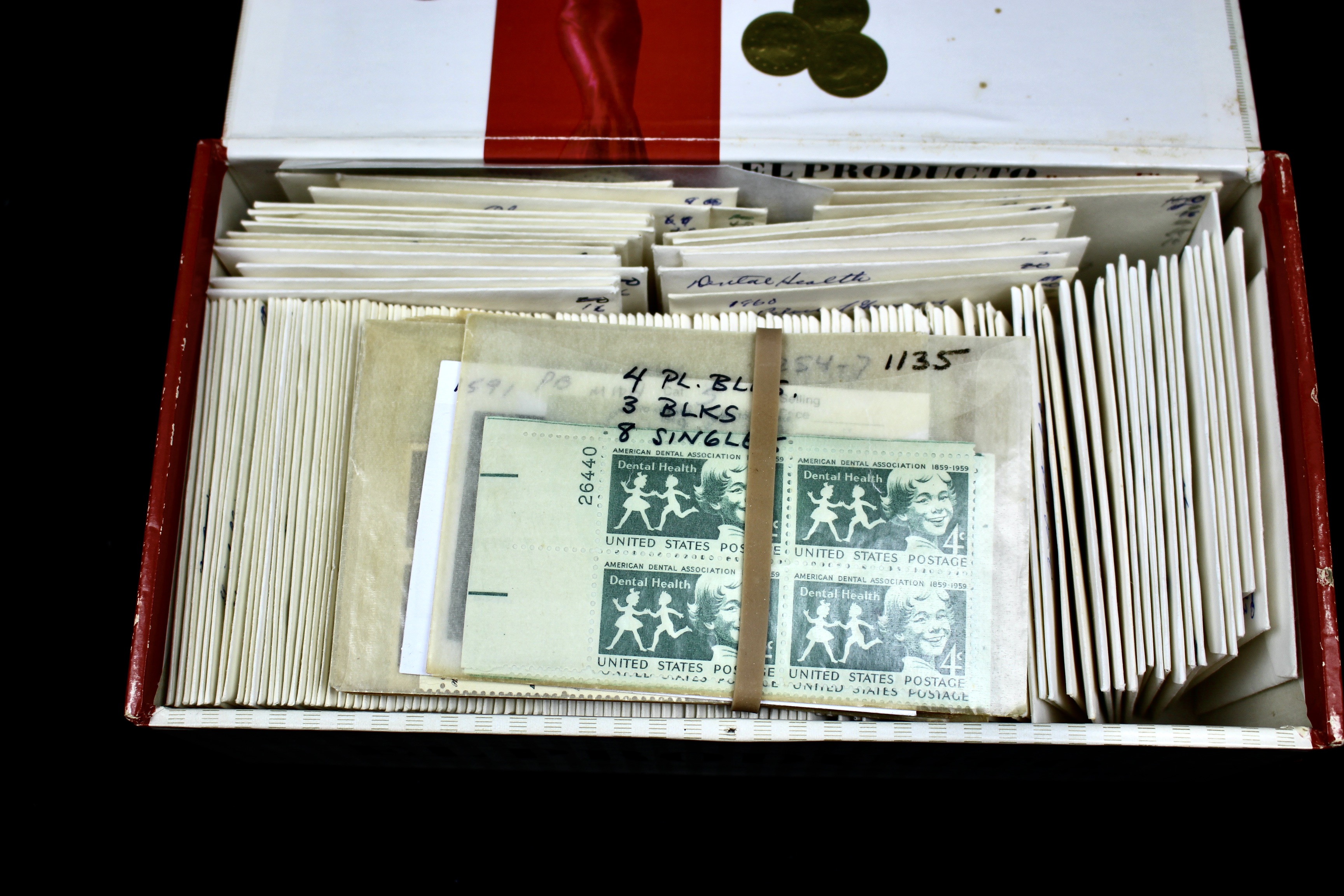 Cigar Box of Mint U.S. Postage Stamps, Plate Blocks, Souvenir Sheets