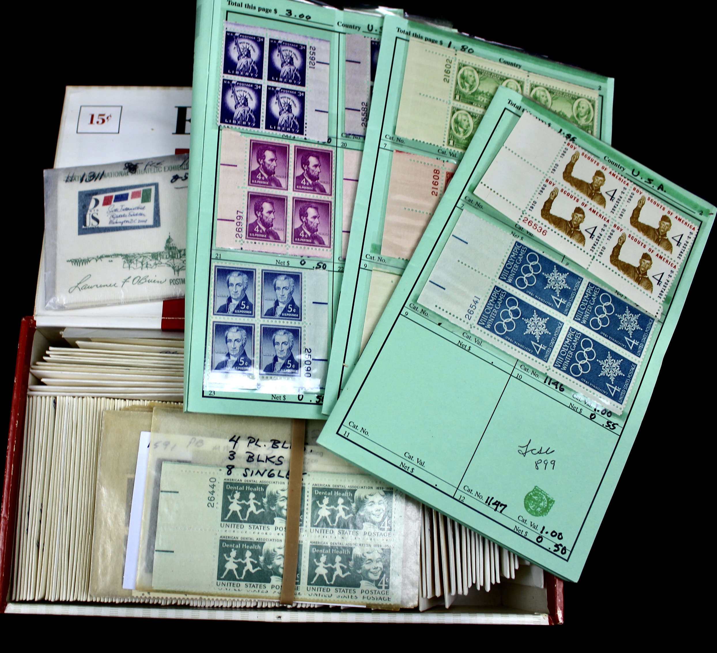 Cigar Box of Mint U.S. Postage Stamps, Plate Blocks, Souvenir Sheets
