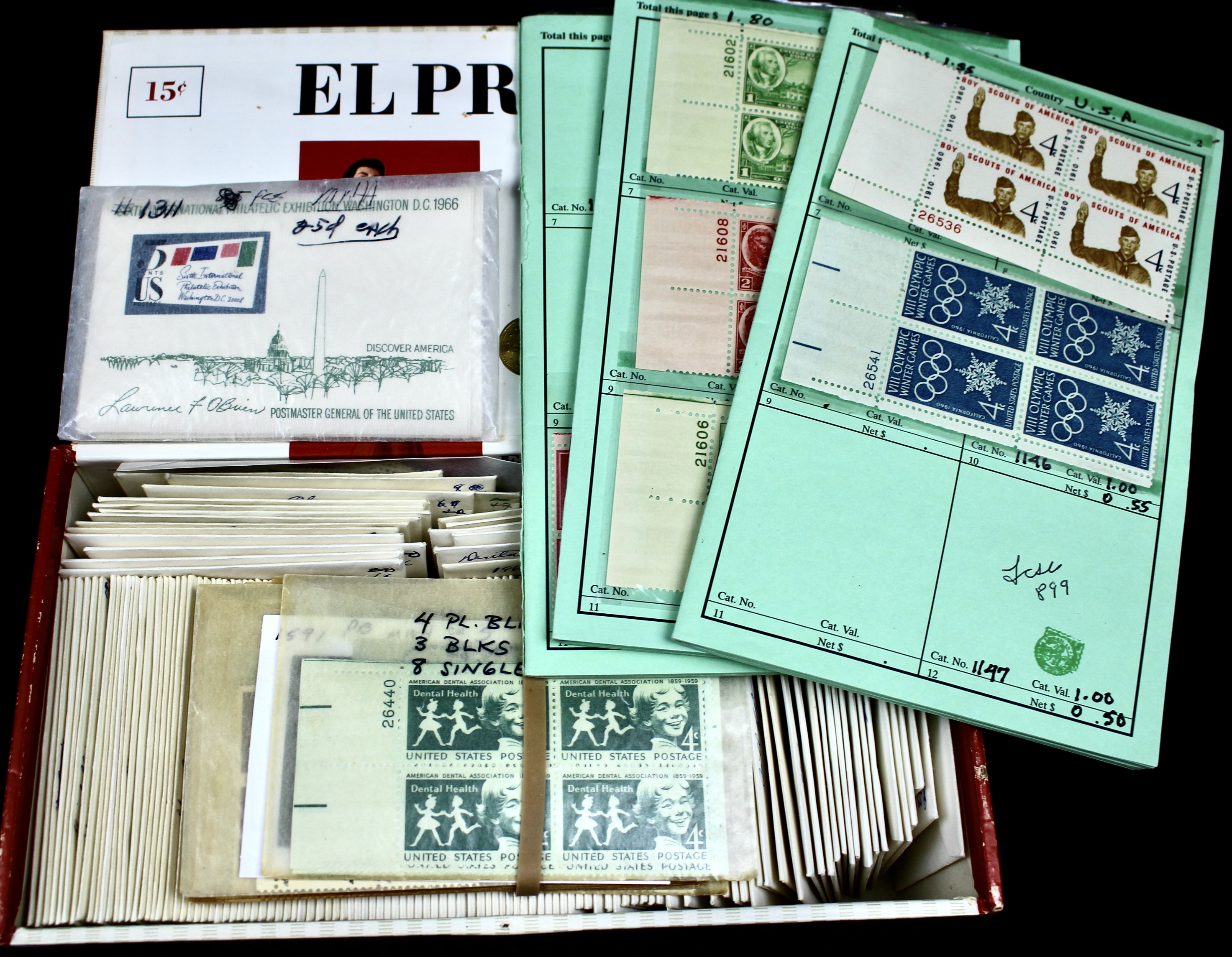 Cigar Box of Mint U.S. Postage Stamps, Plate Blocks, Souvenir Sheets
