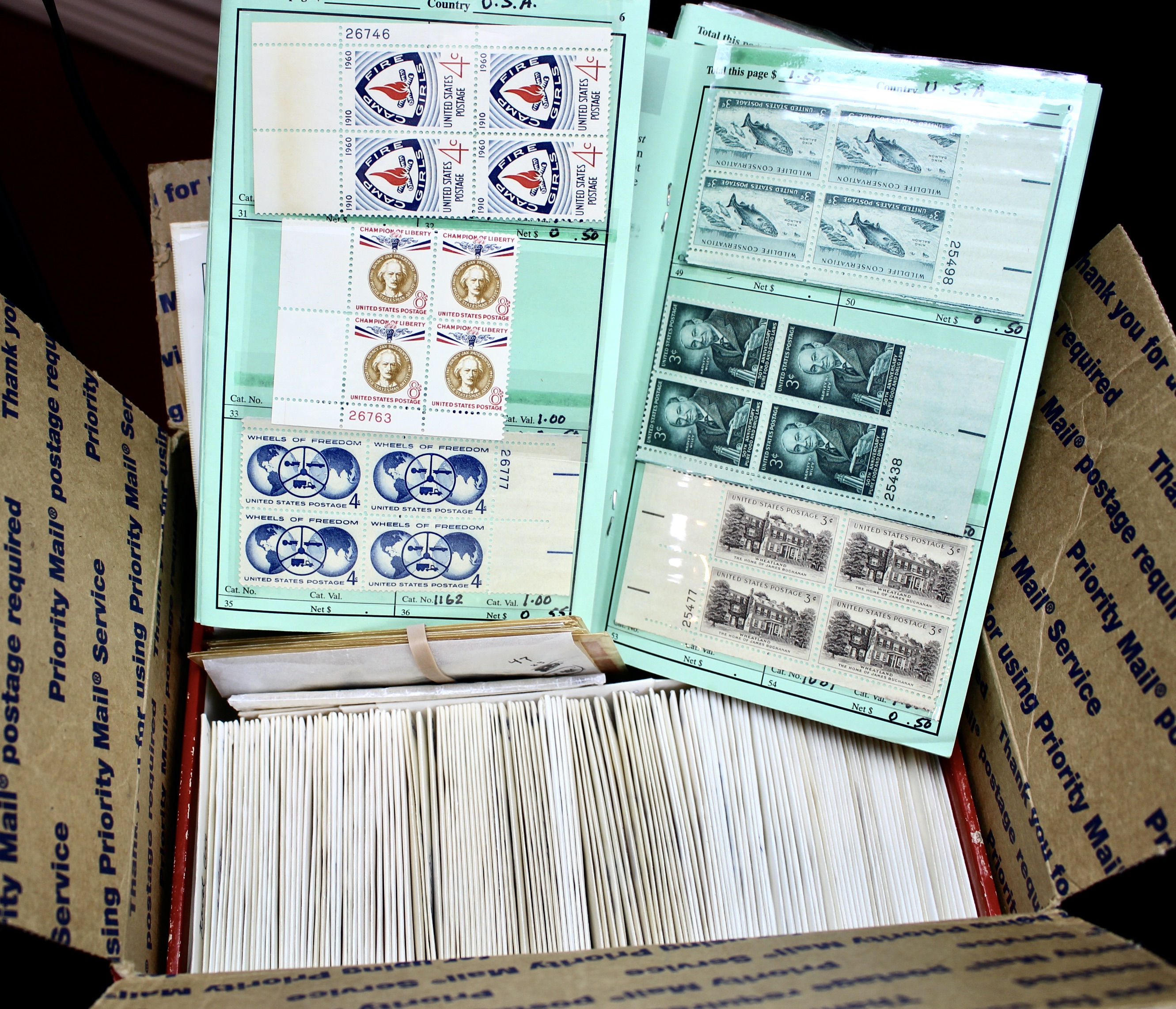 Cigar Box of Mint U.S. Postage Stamps, Plate Blocks, Souvenir Sheets